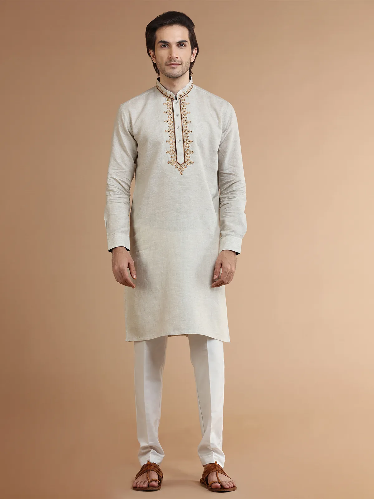 Trendy beige linen kurta suit