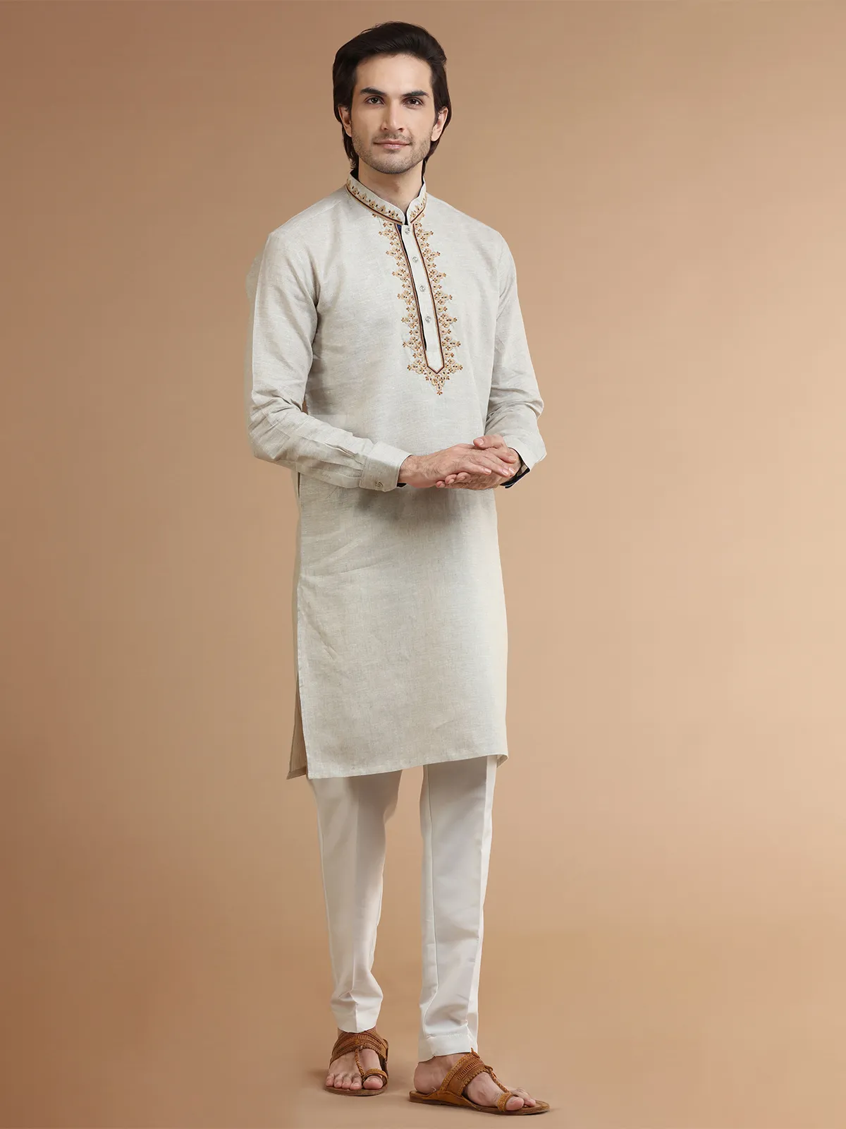 Trendy beige linen kurta suit