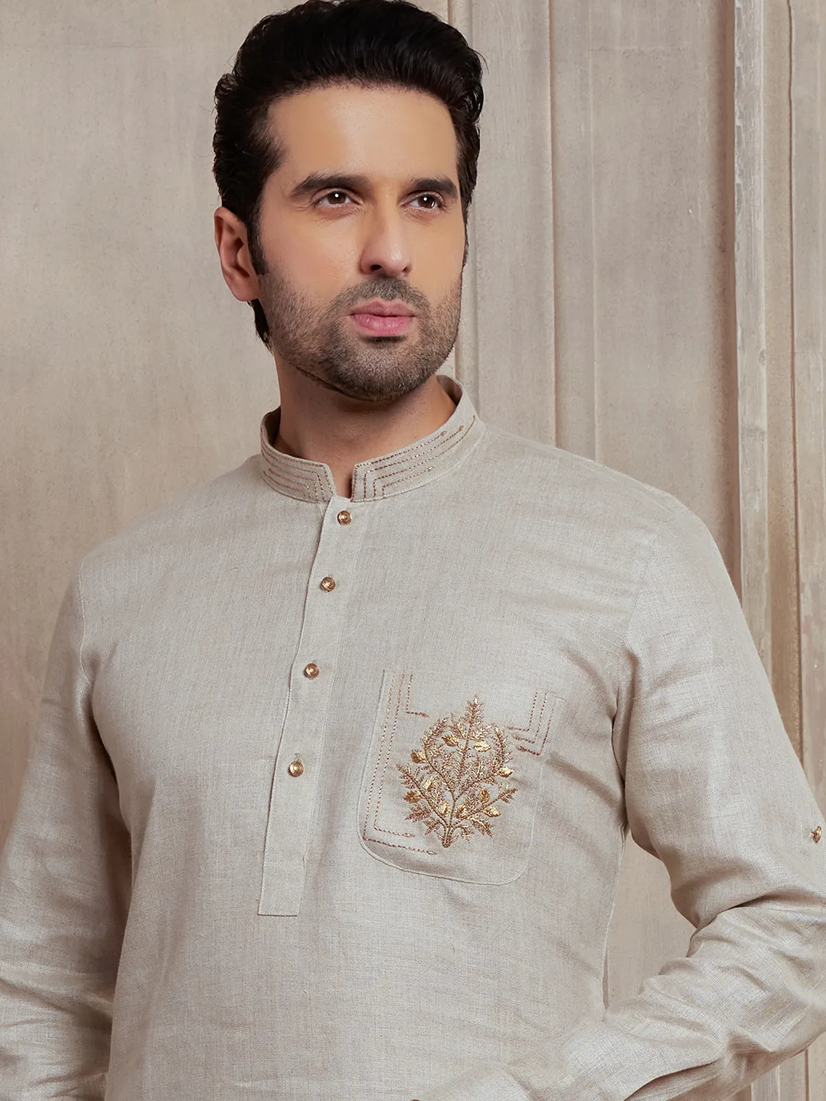 Trendy beige linen pathani suit