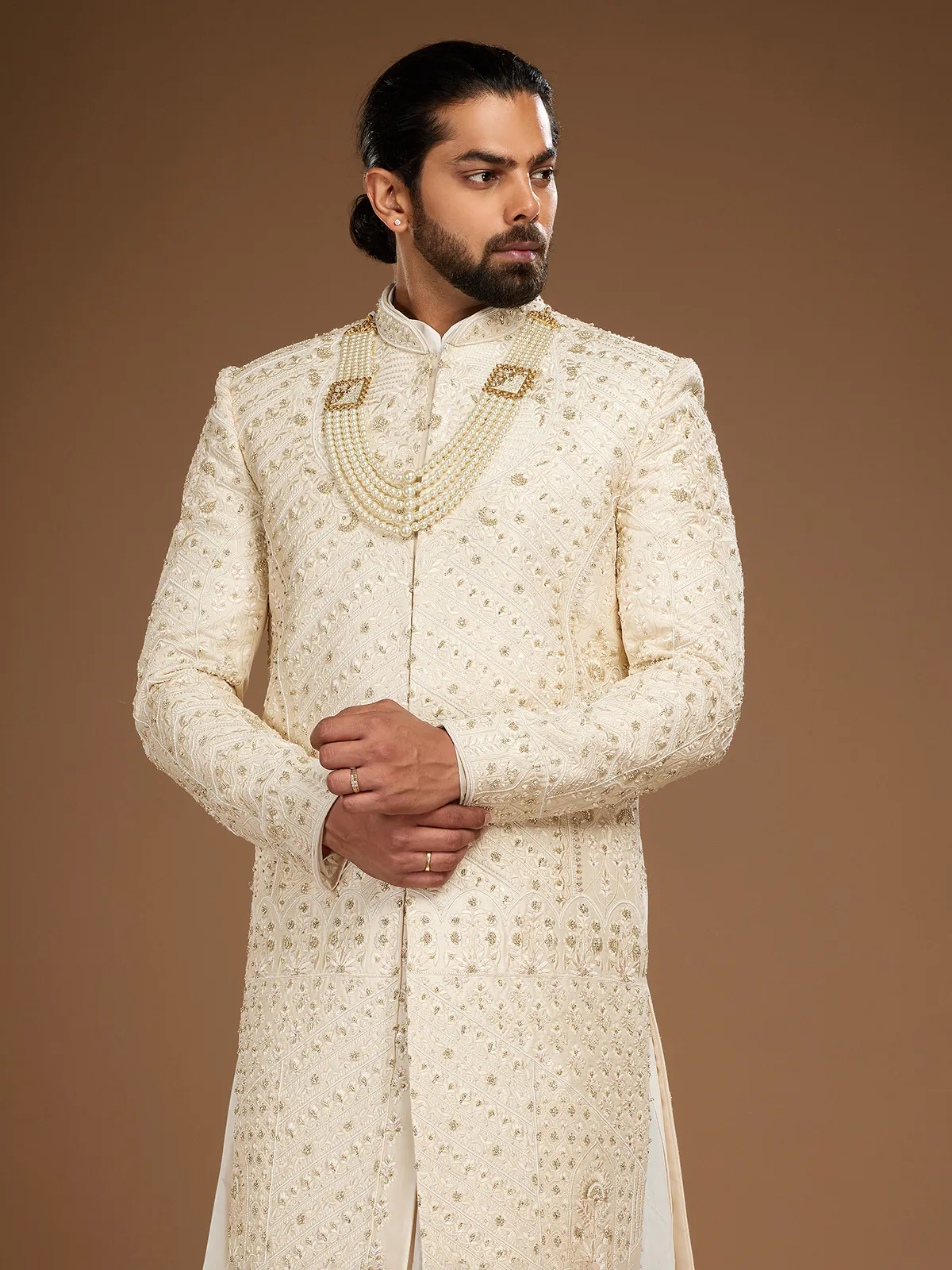 Trendy beige embroidery sherwani in raw silk