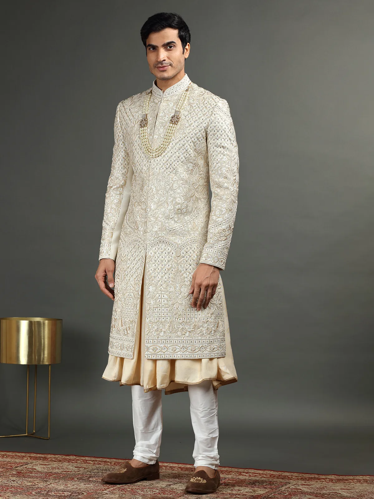 Trendy beige raw silk sherwani for groom