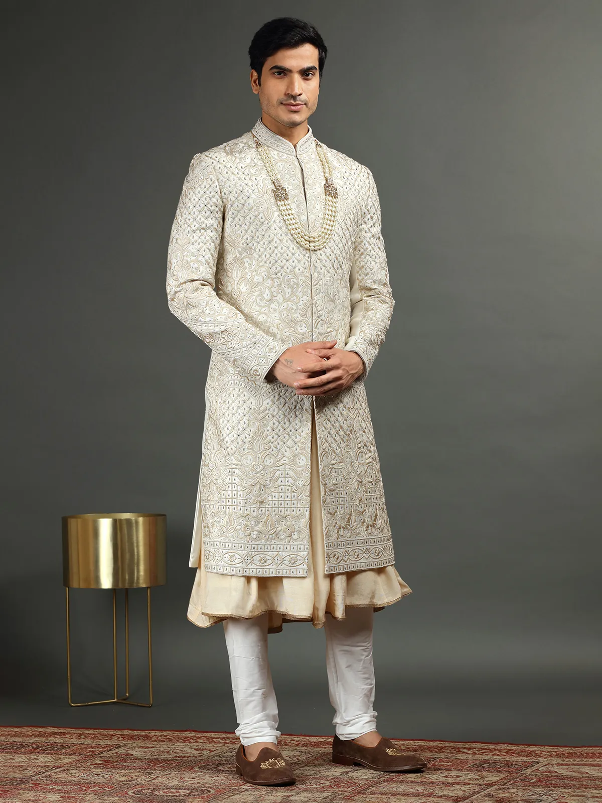 Trendy beige raw silk sherwani for groom