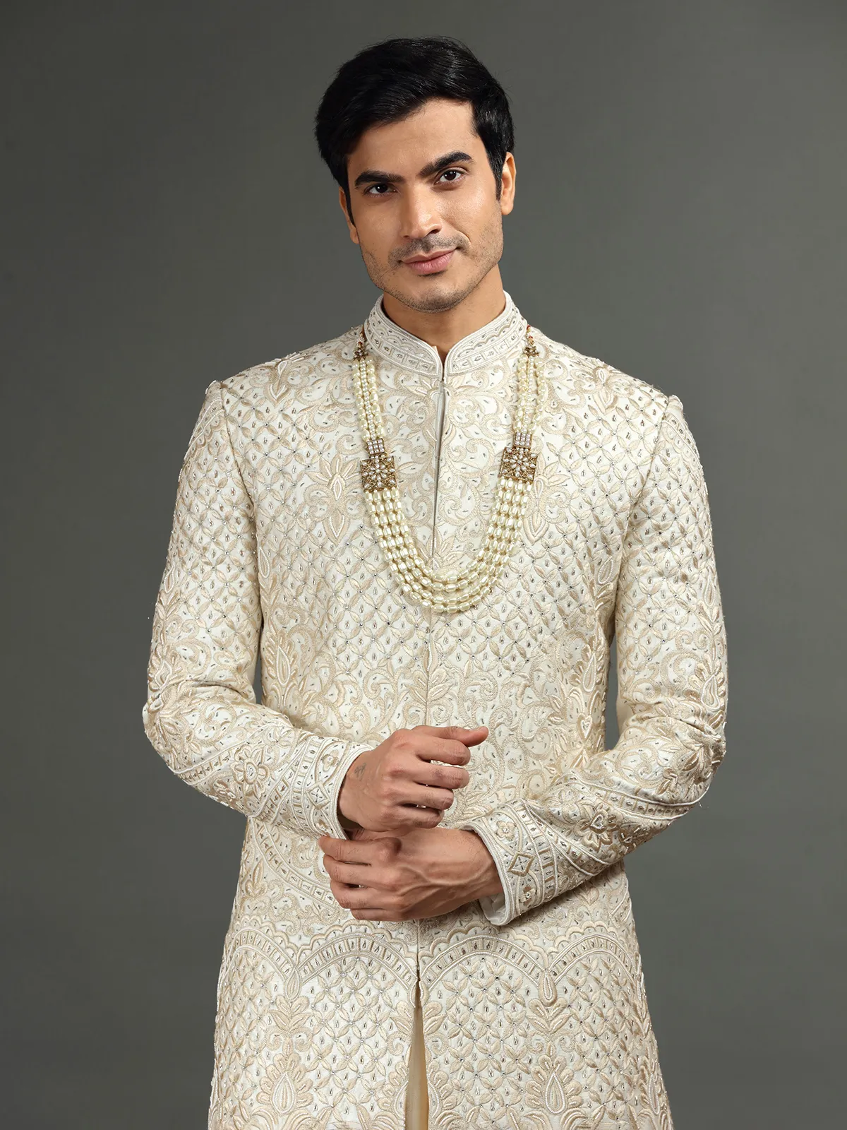 Trendy beige raw silk sherwani for groom