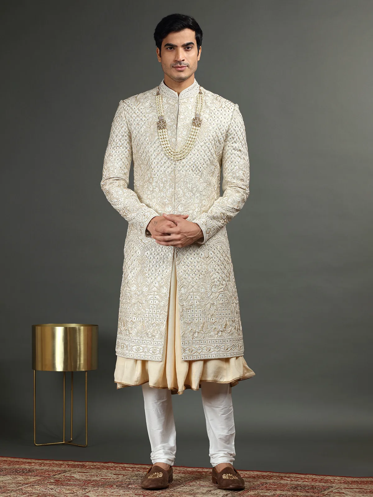 Trendy beige raw silk sherwani for groom