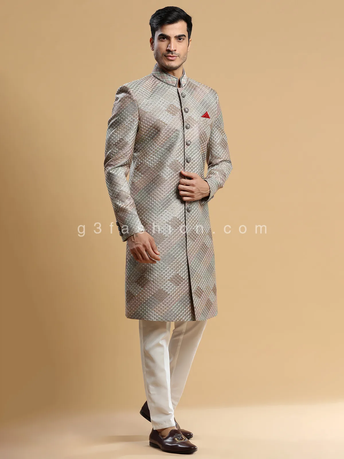 Trendy beige silk indowestern for wedding