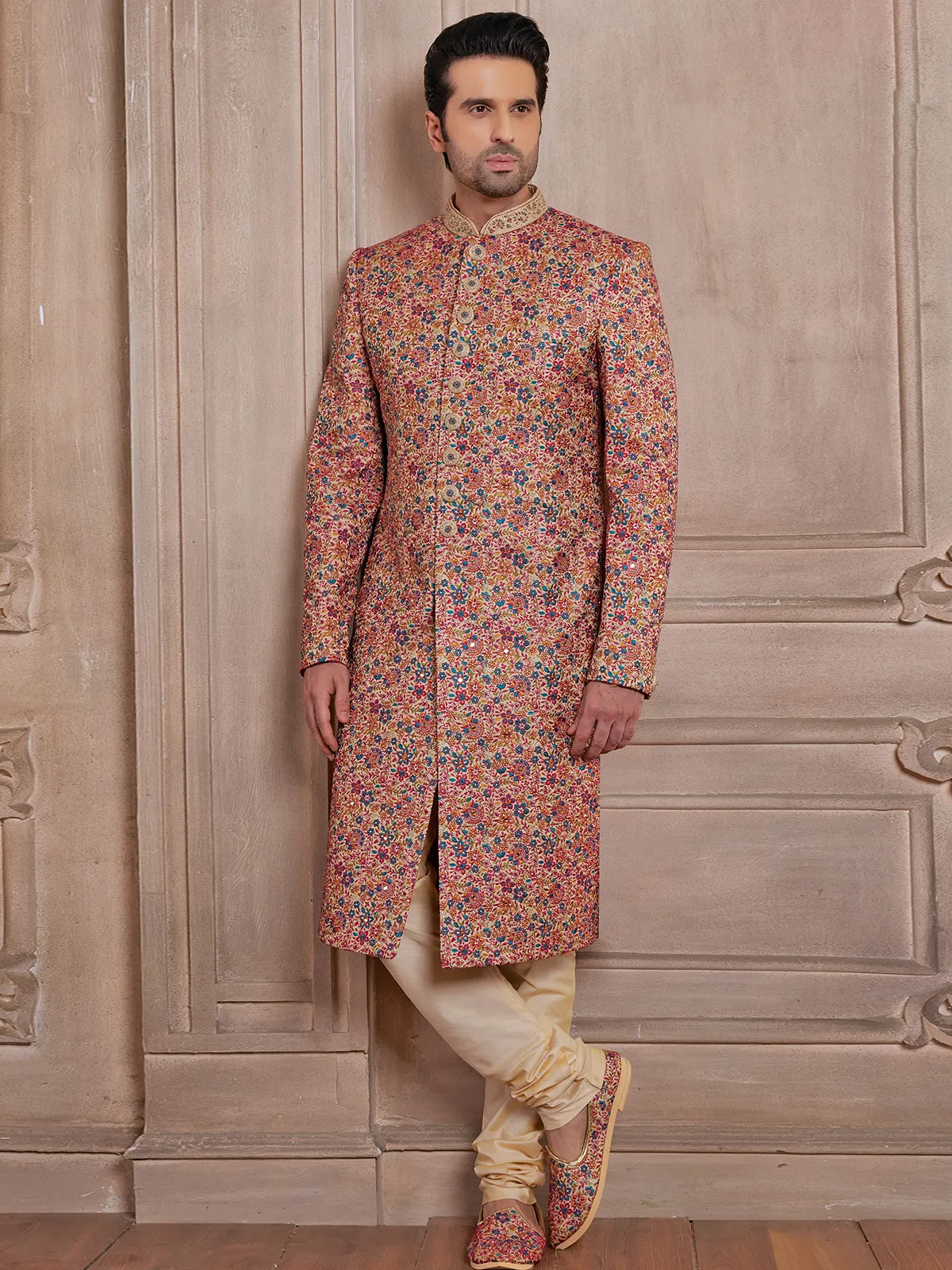 Trendy beige silk sherwani