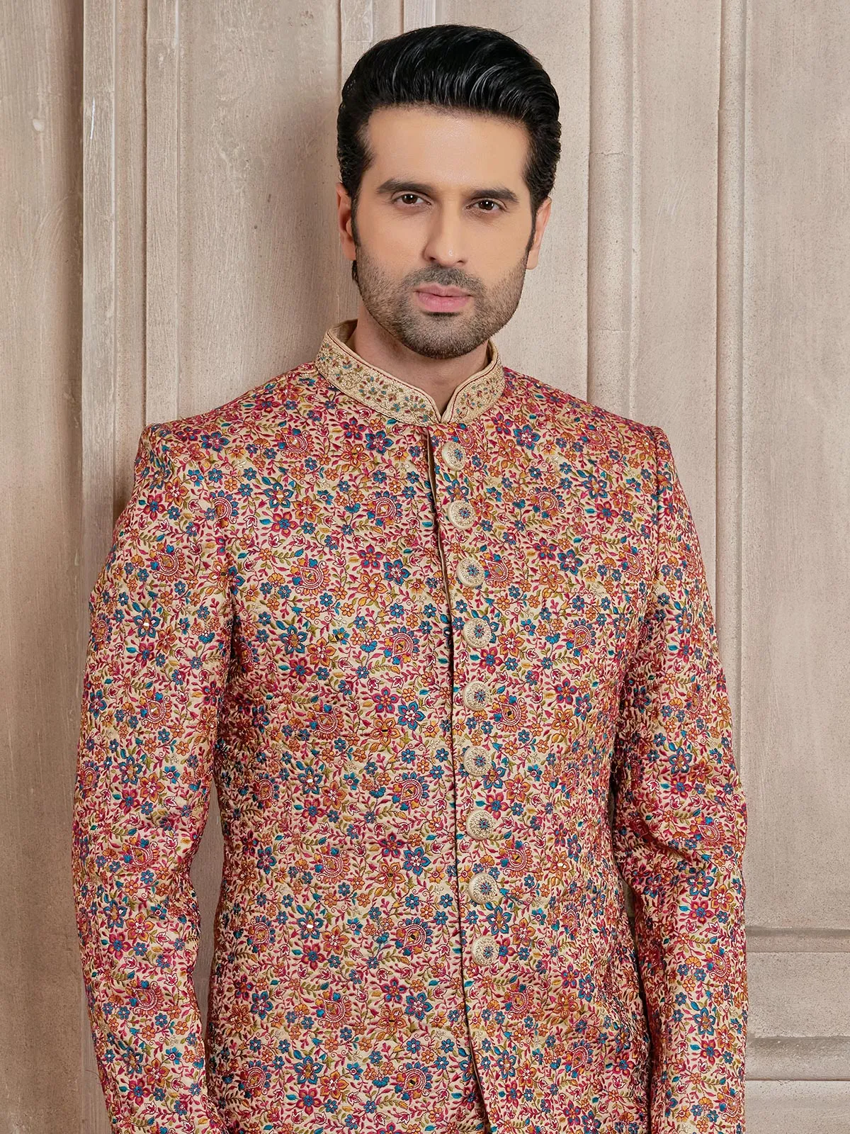 Trendy beige silk sherwani