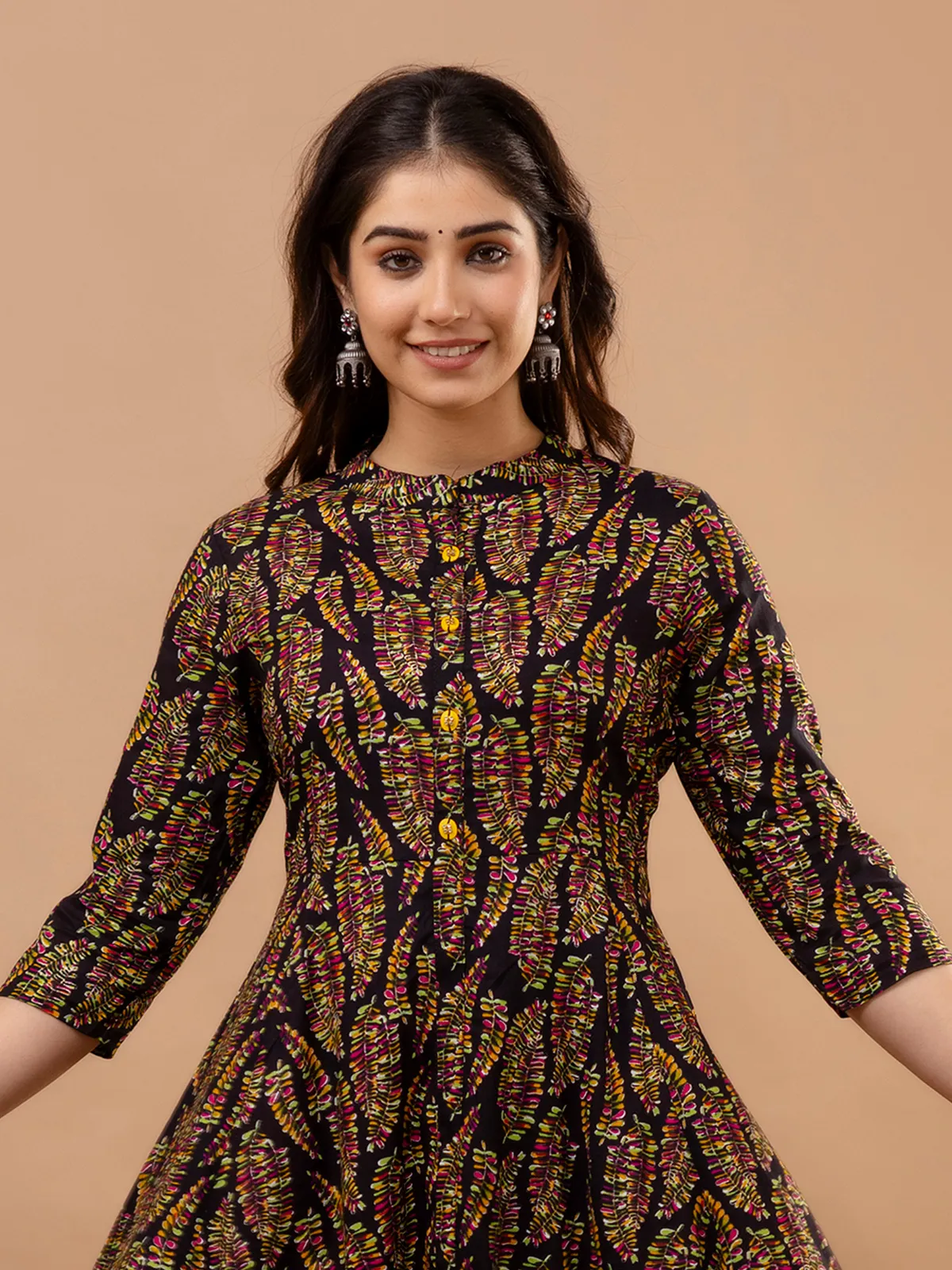 Trendy black printed cotton long kurti