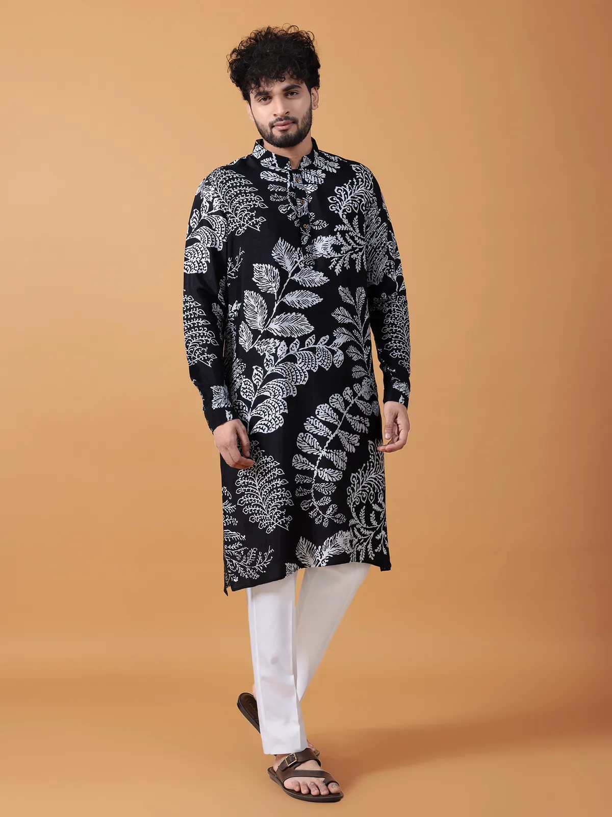 Trendy black printed  Men Kurta pajama in cotton