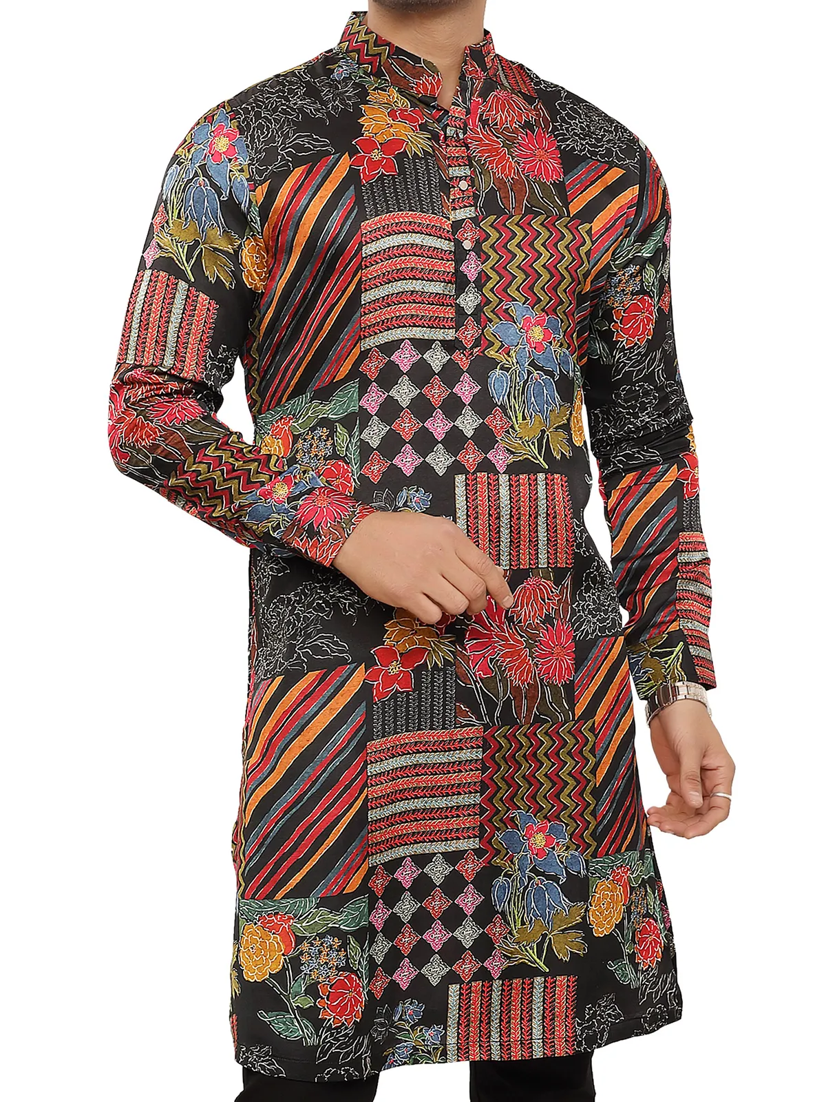 Trendy black printed silk kurta