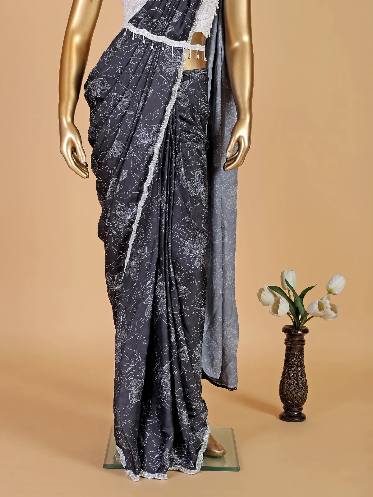 Trendy black silk pre stitched saree