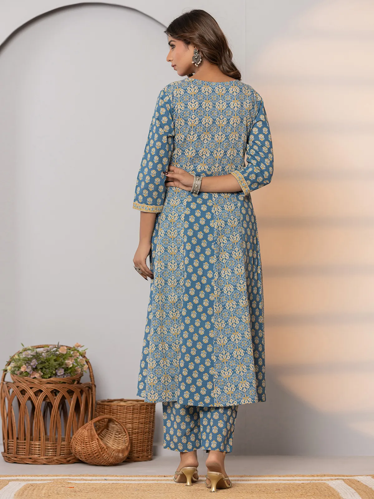 Trendy blue cotton printed kurti set