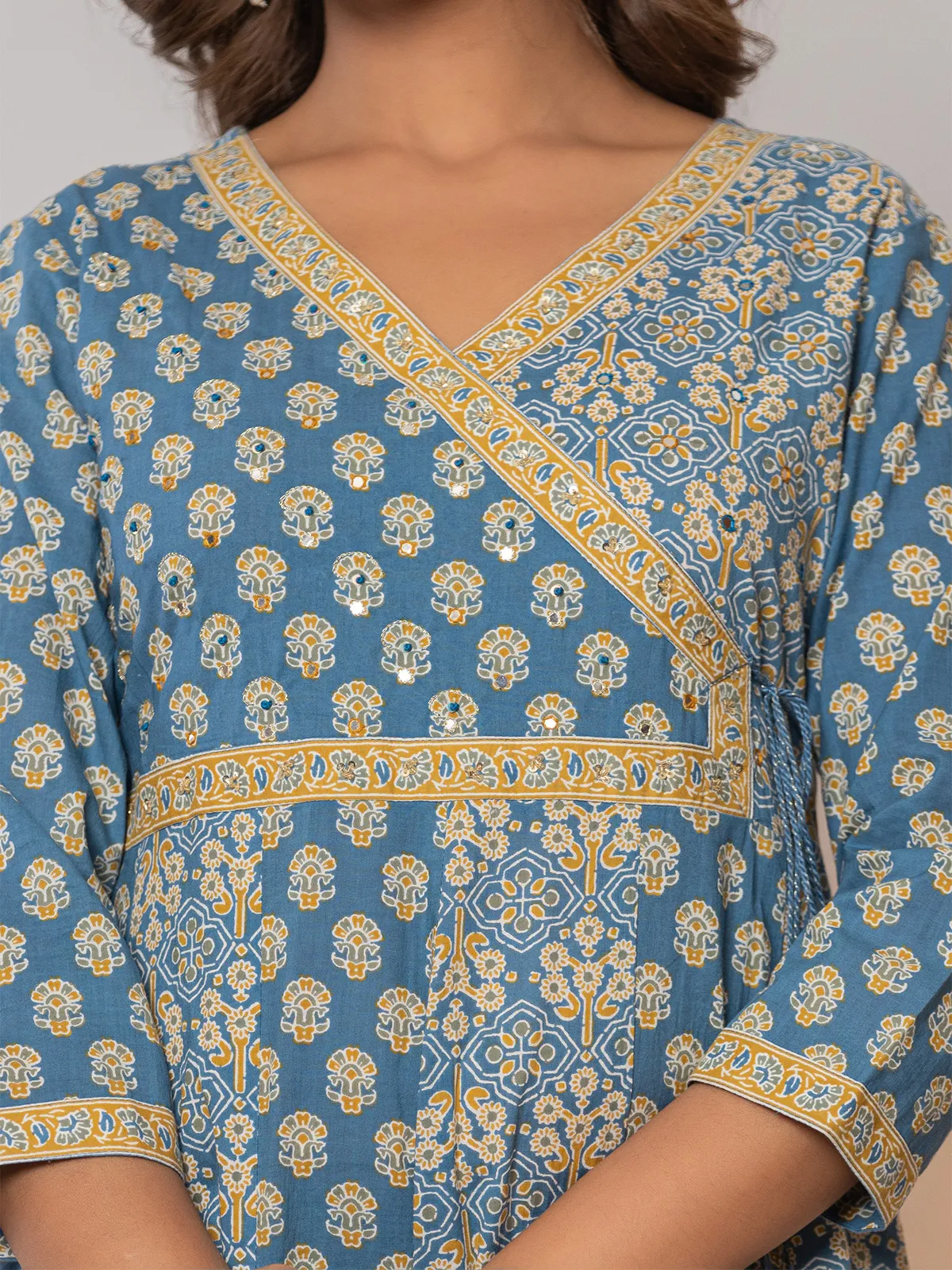 Trendy blue cotton printed kurti set
