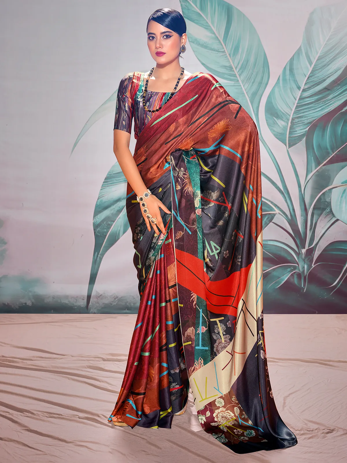 Trendy brown digital printed saree