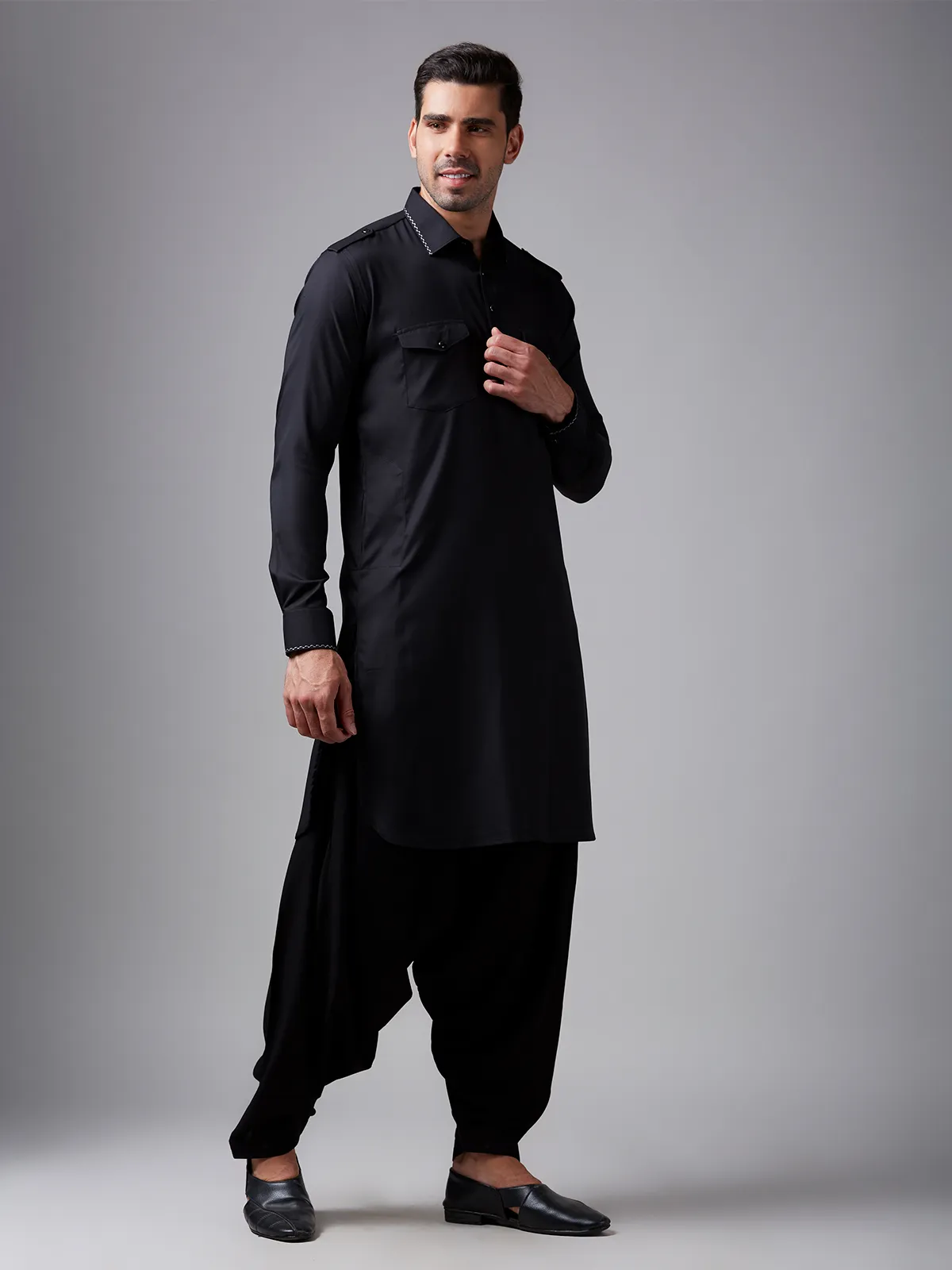 Trendy classy black plain pathani suit