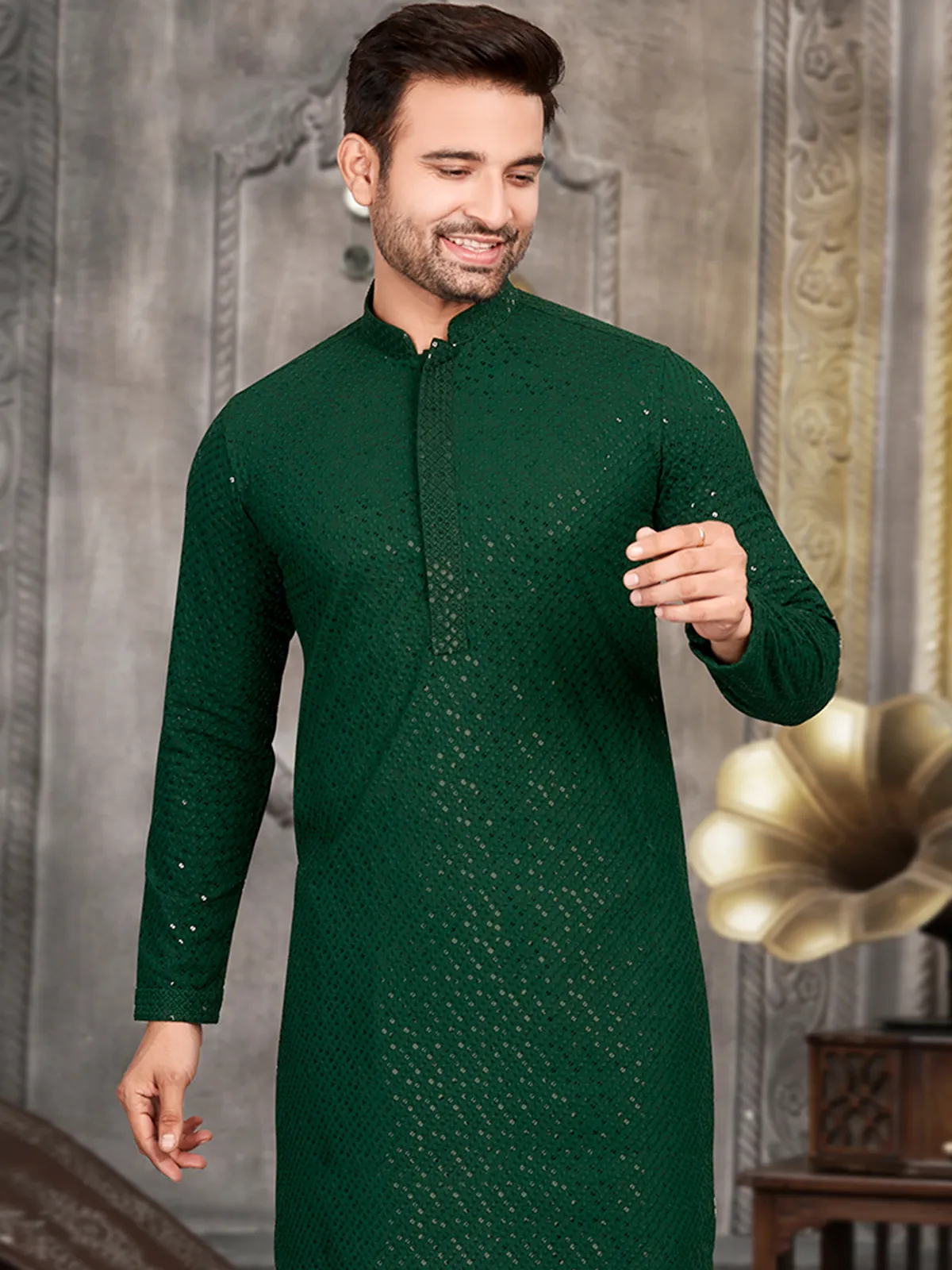 Trendy cotton dark green kurta