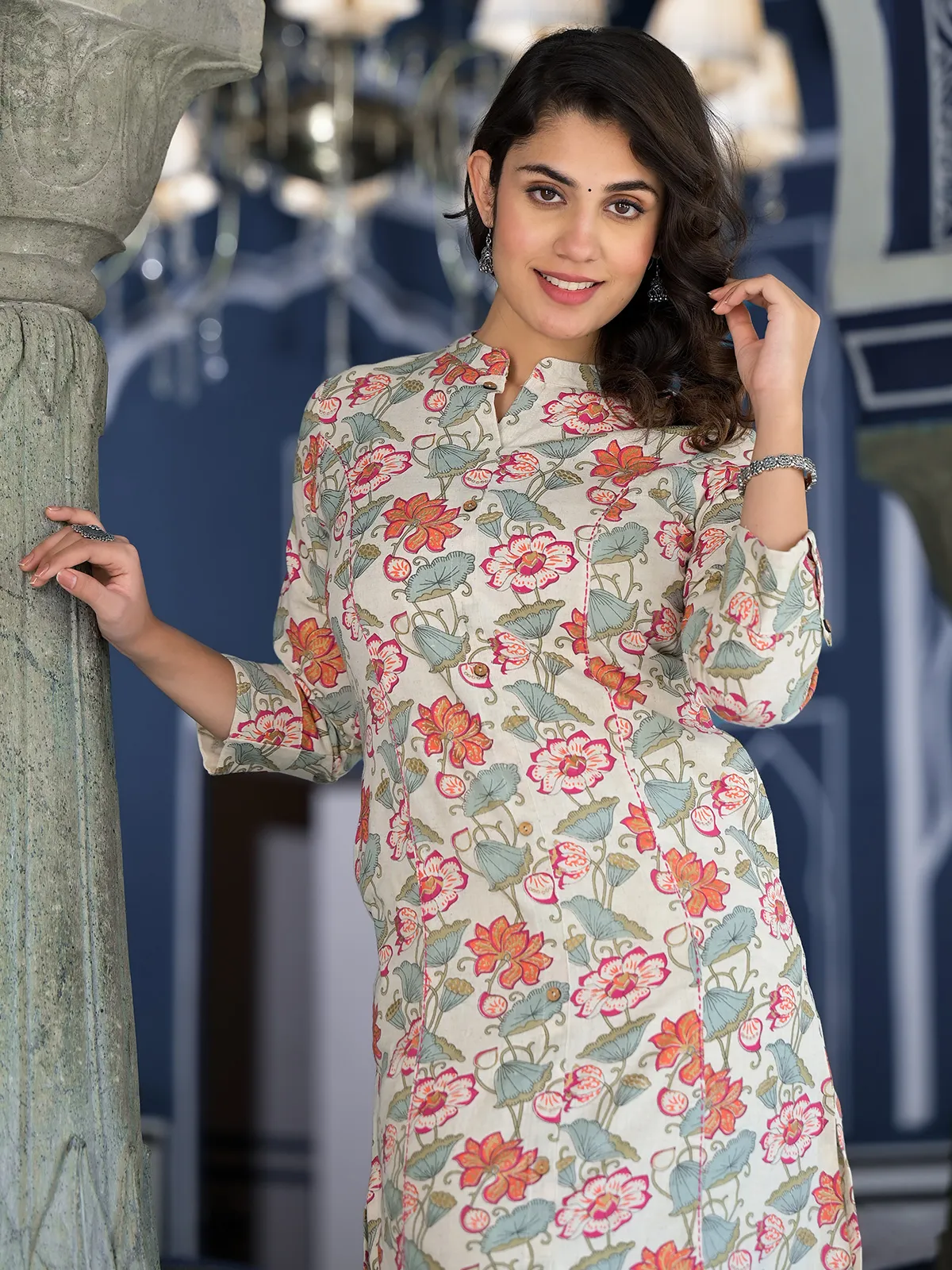 Trendy cotton off-white floral printed kurti