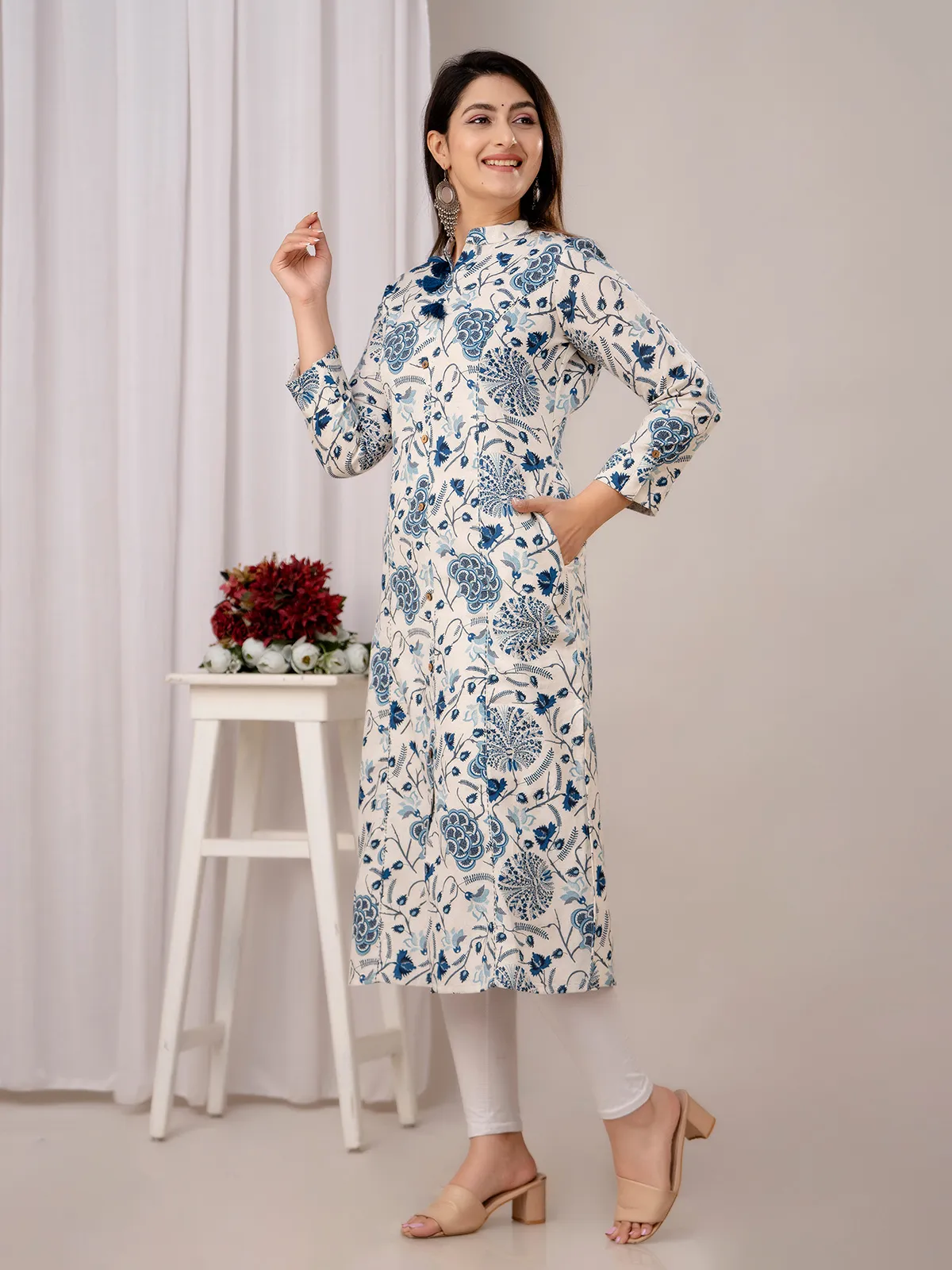 Trendy cream and blue kurti cotton printed kurti