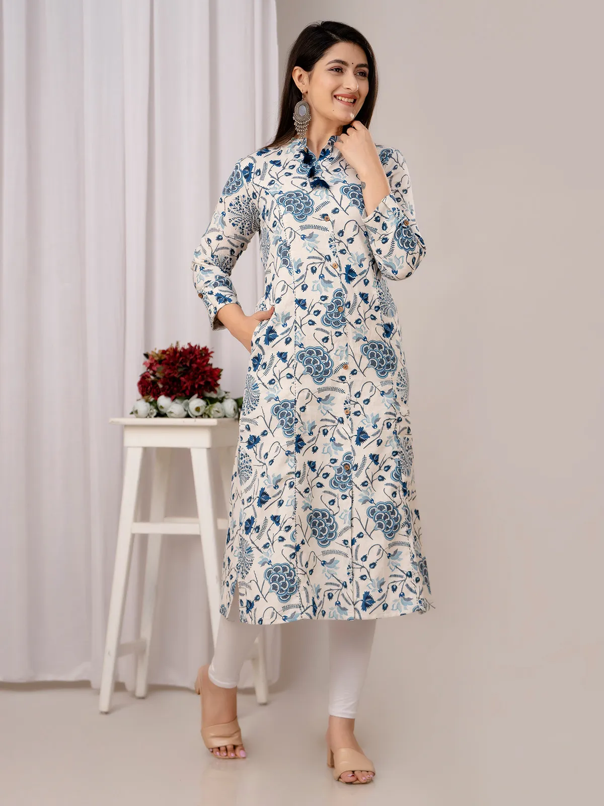 Trendy cream and blue kurti cotton printed kurti