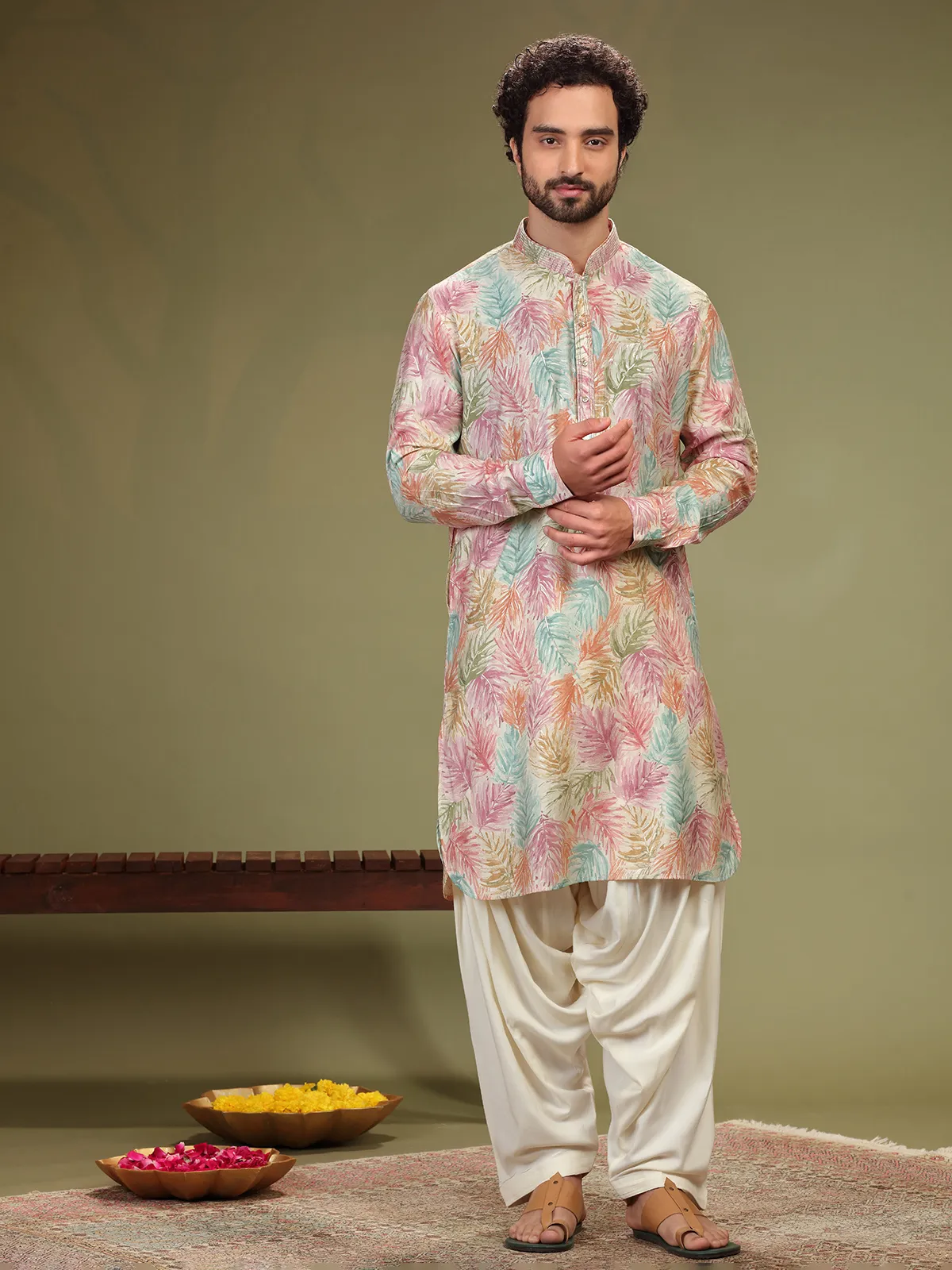 Trendy cream and pink printed  Men Kurta pajama