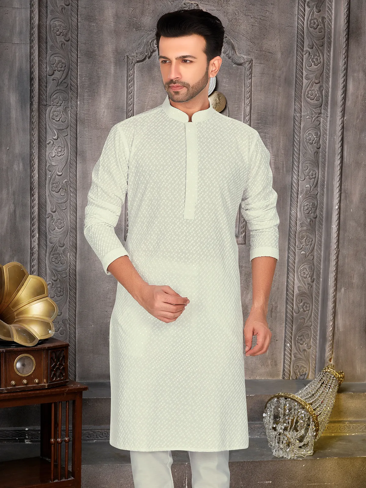 Trendy cream embroidery kurta