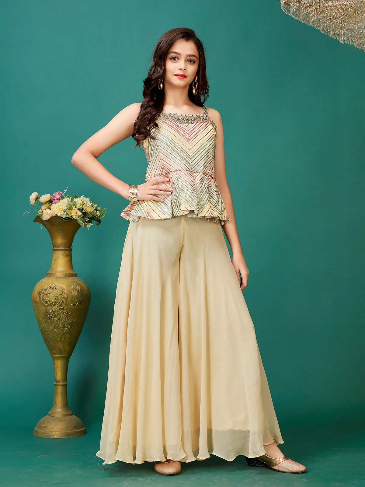 Trendy cream georgette palazzo suit