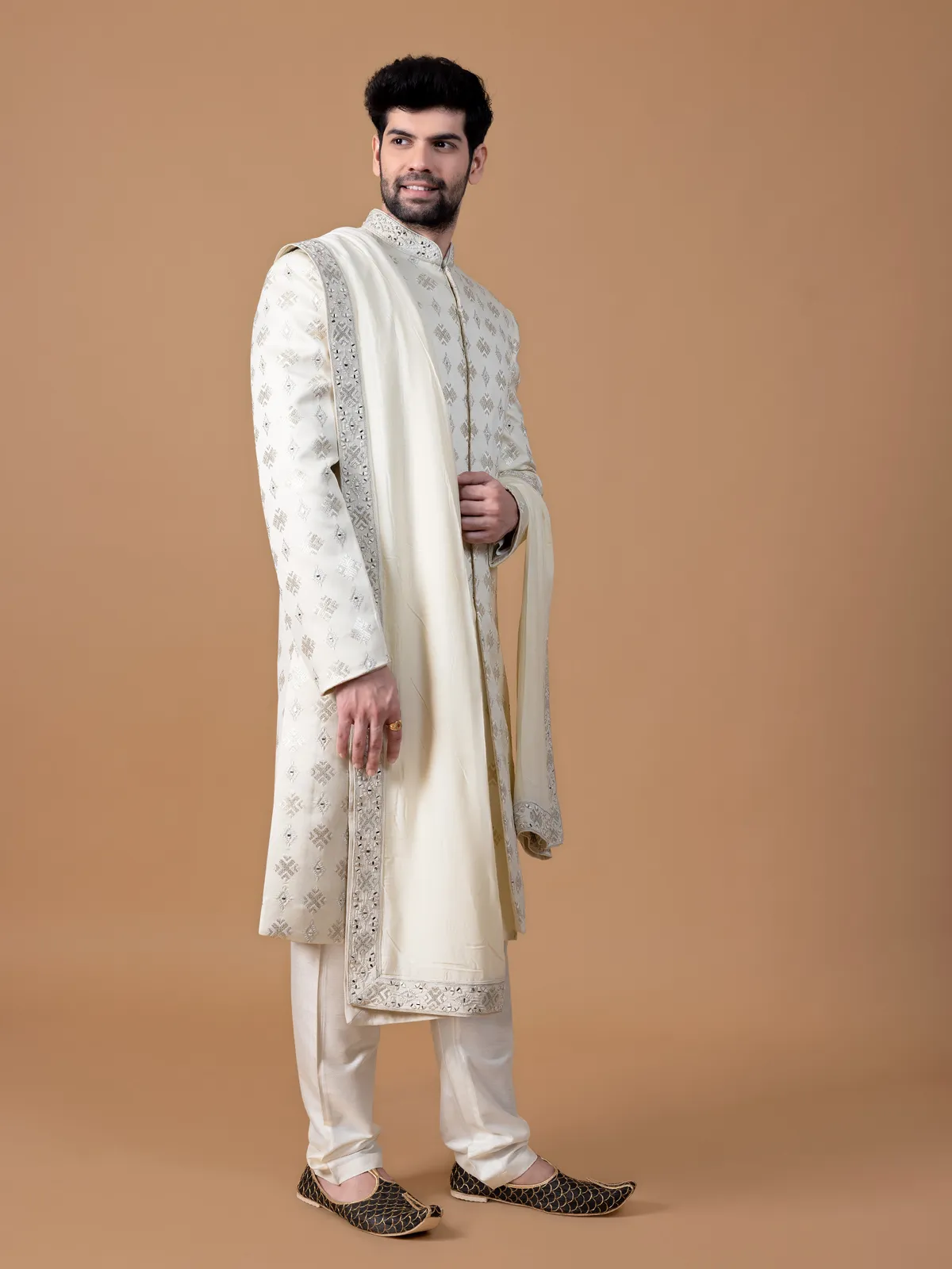 Trendy cream sherwani in silk