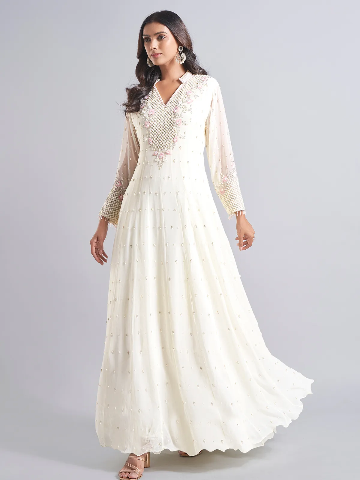 Trendy cream silk anarkali salwar suit