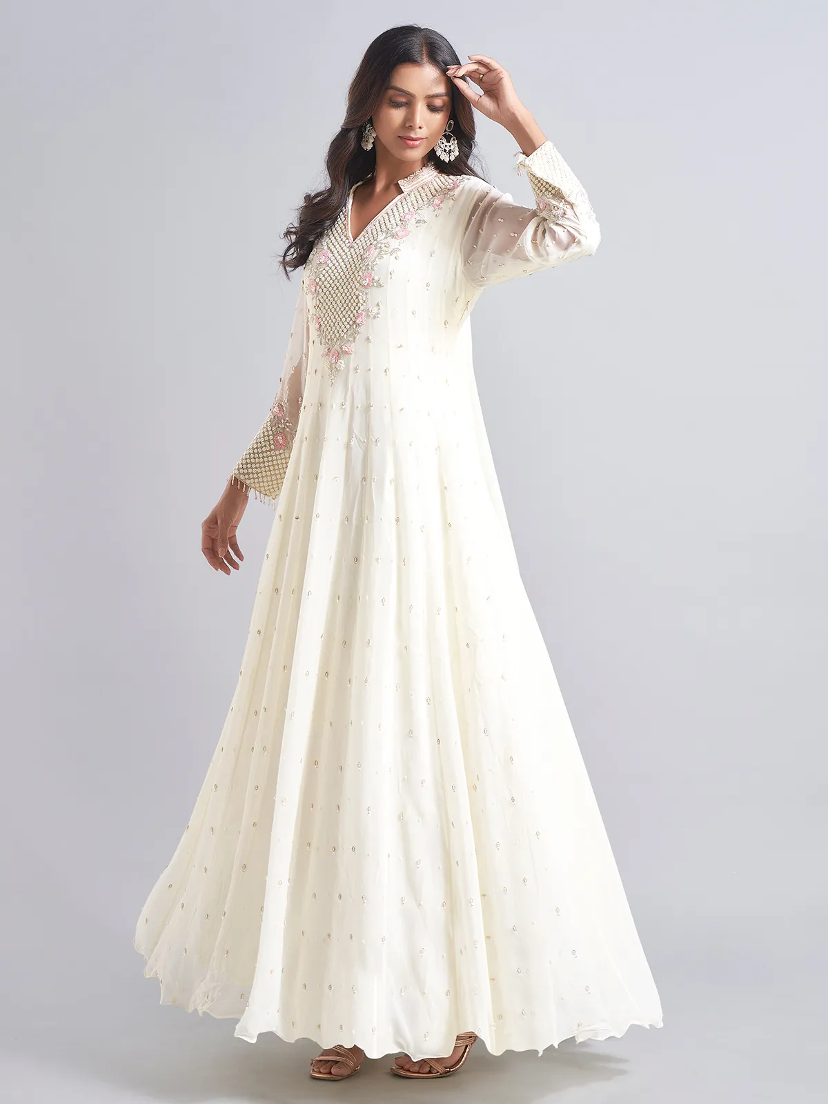 Trendy cream silk anarkali salwar suit