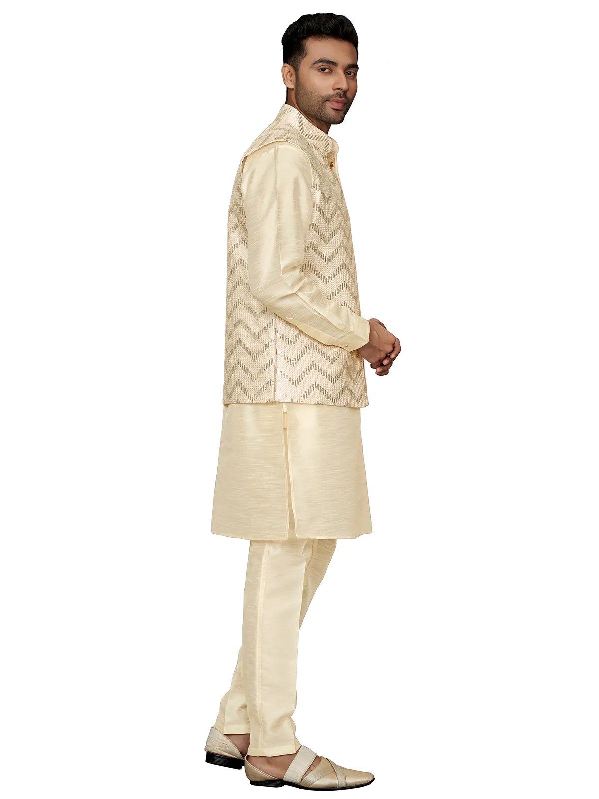 Trendy cream silk waistcoat set