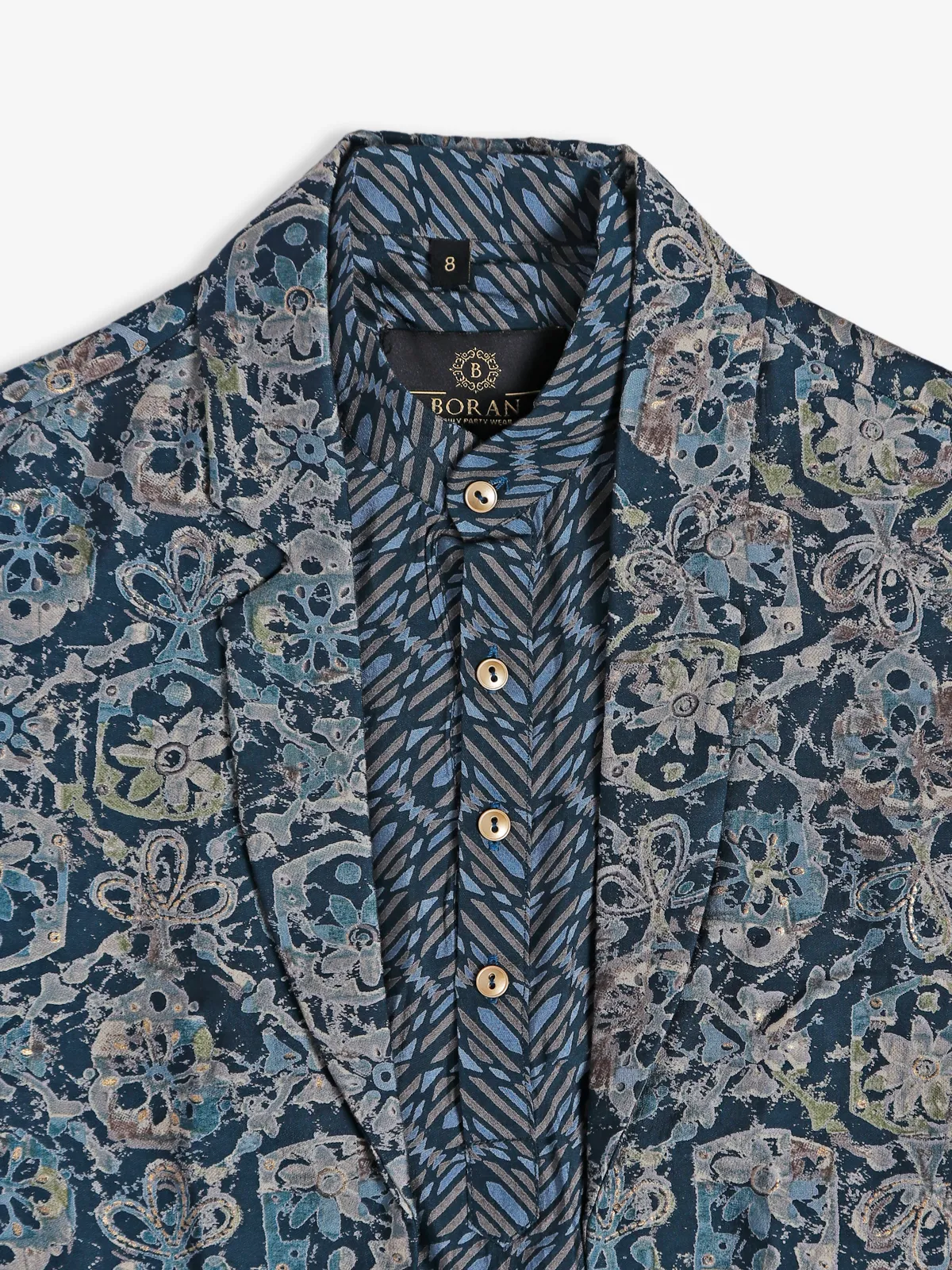 Trendy dark blue silk printed waistcoat set