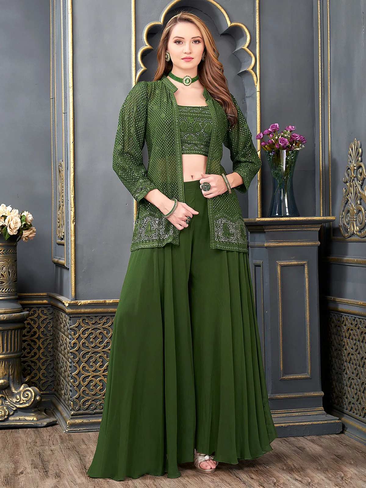 Trendy dark green georgette jacket style palazzo suit