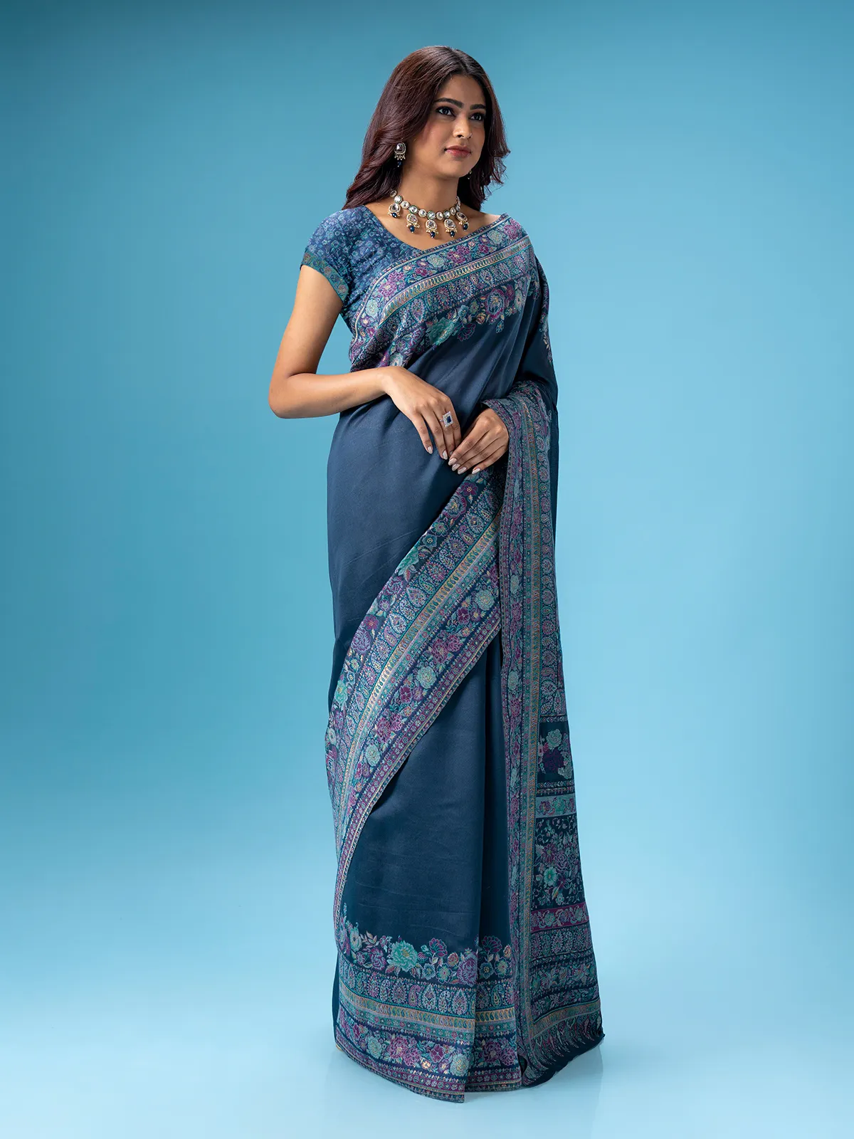 Trendy dark grey pashmina silk saree