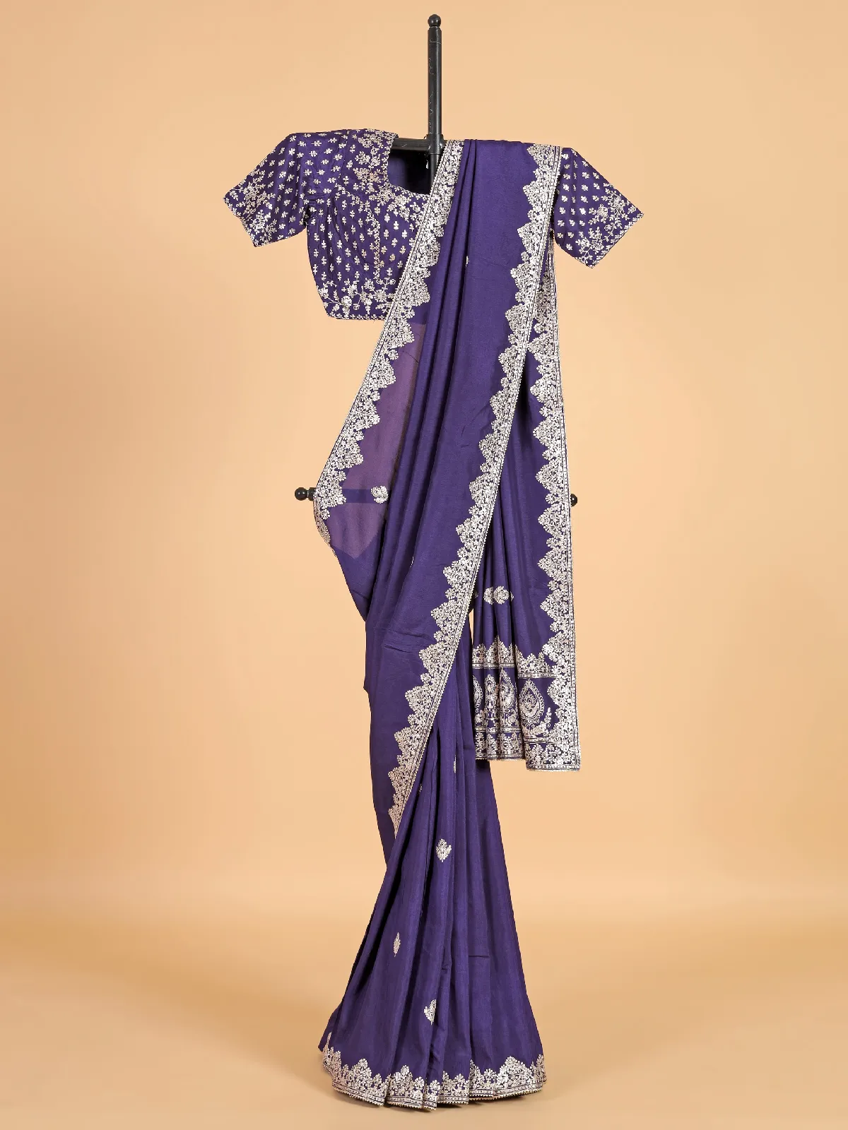 Trendy dark purple silk saree