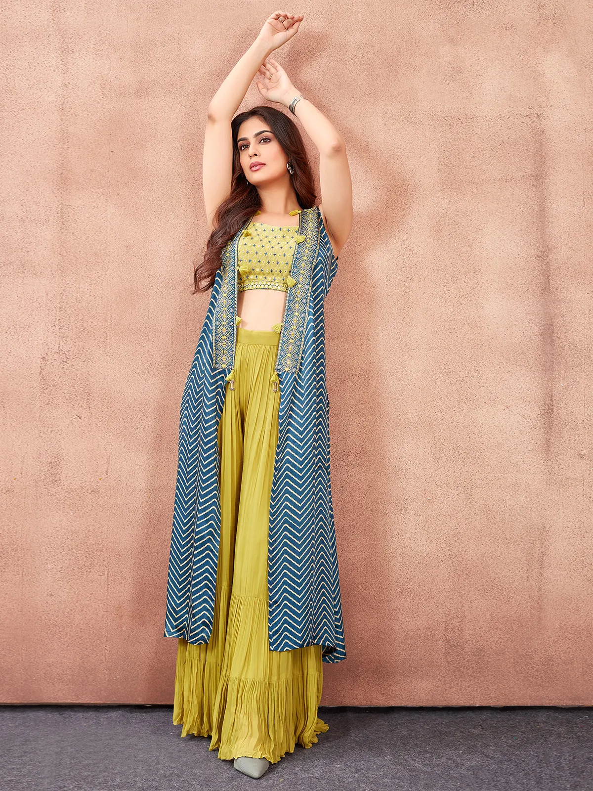 Trendy georgette yellow jacket style palazzo suit