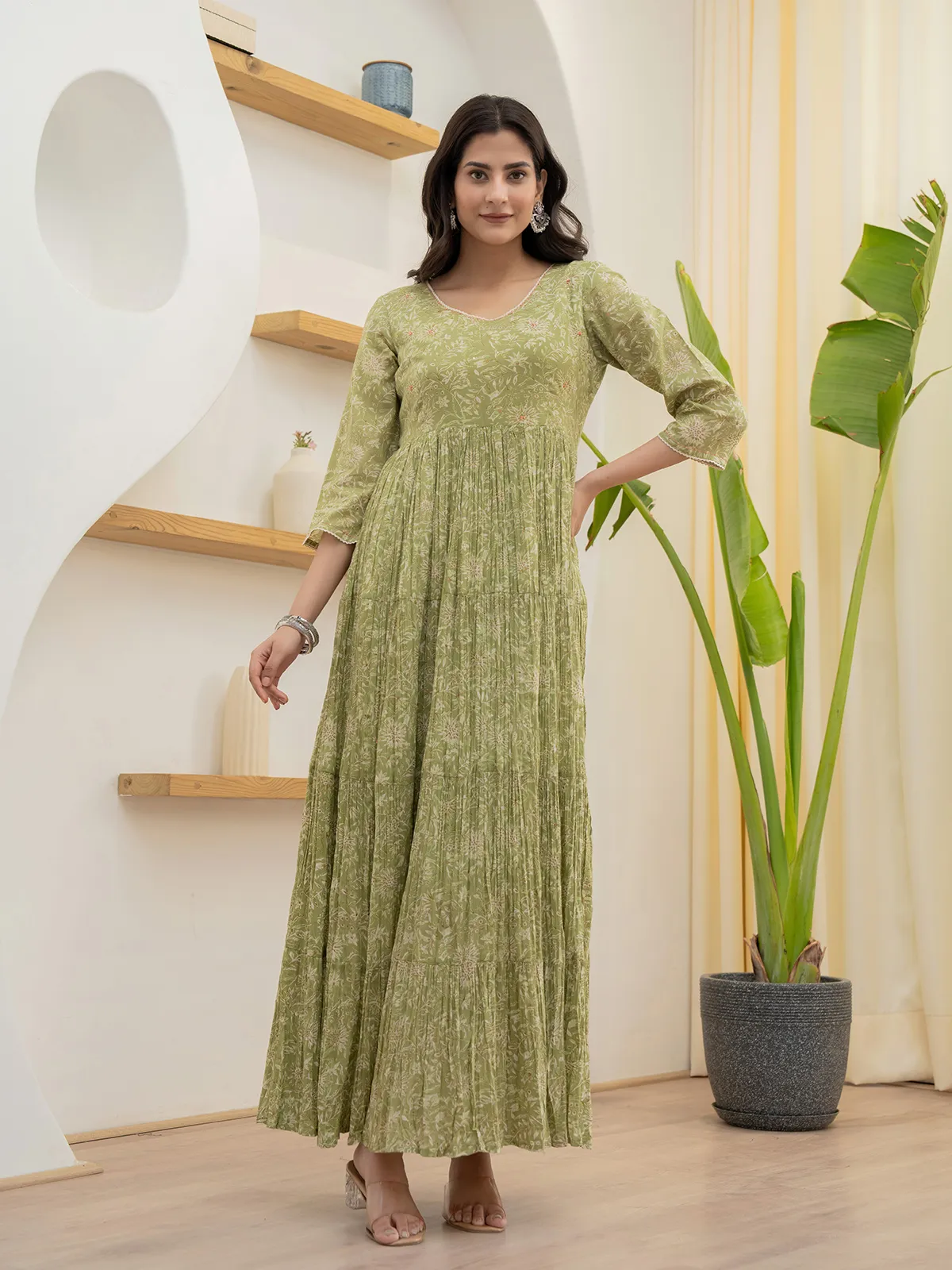 Trendy green printed long kurti in cotton