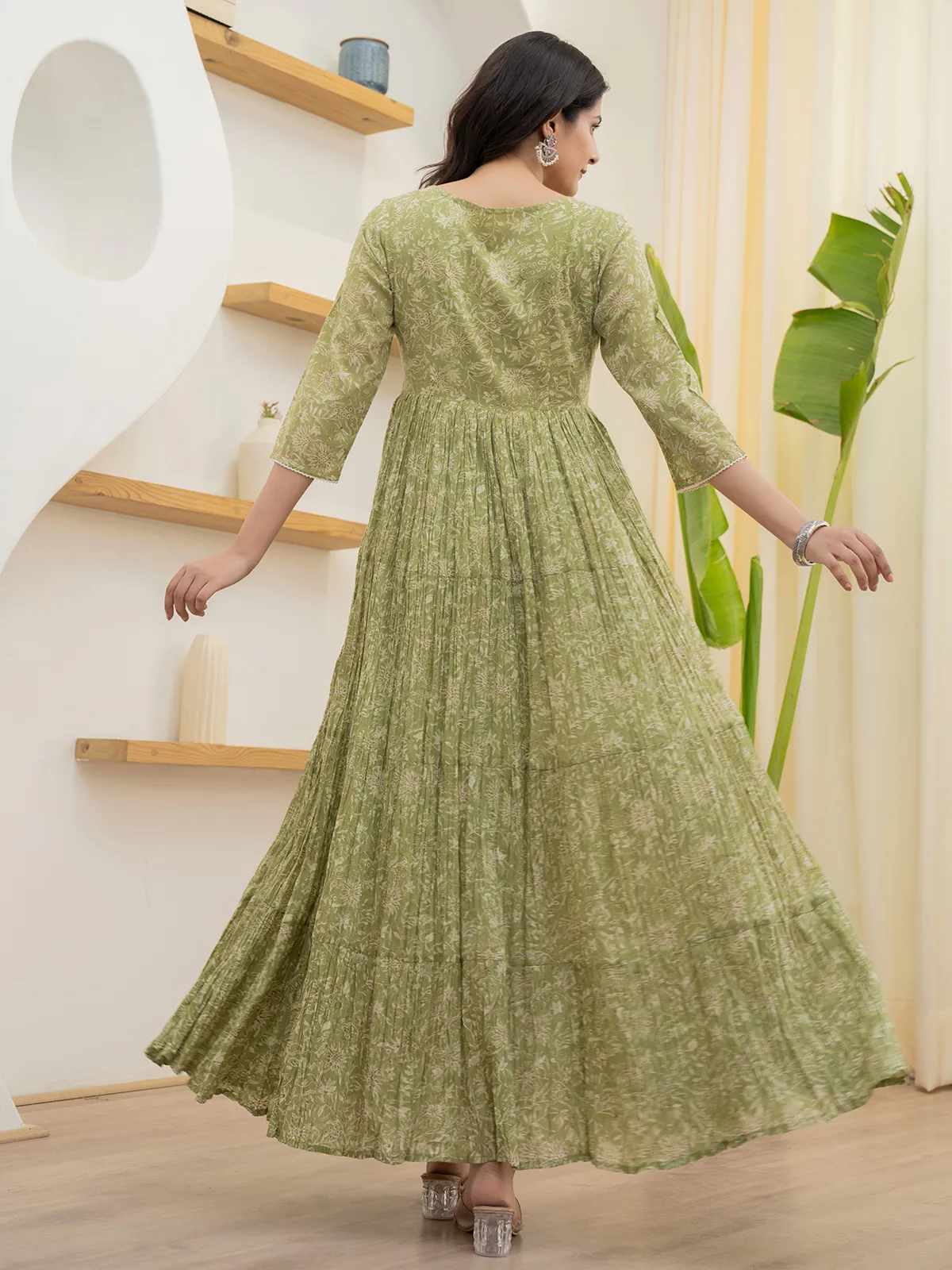 Trendy green printed long kurti in cotton