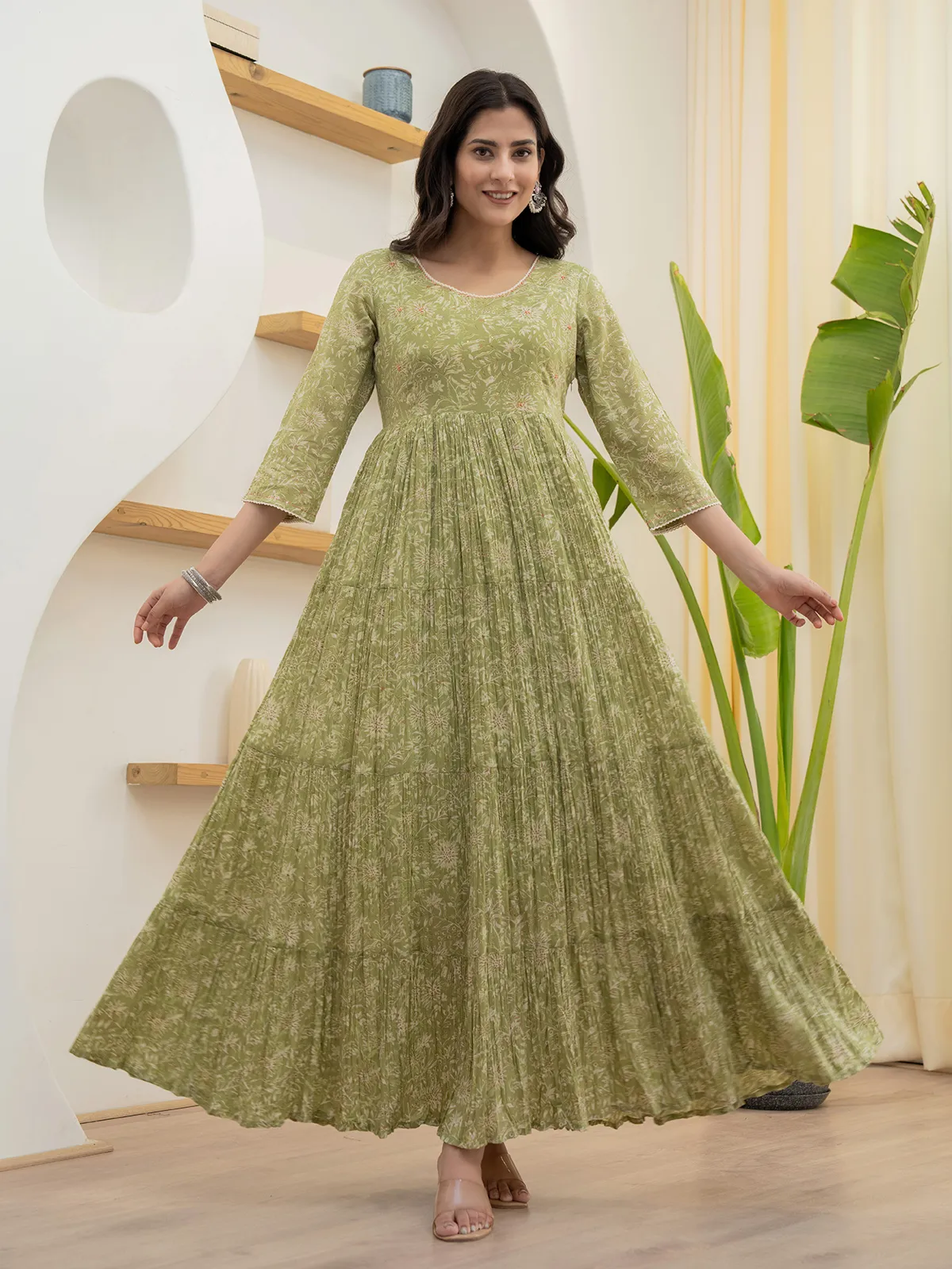 Trendy green printed long kurti in cotton