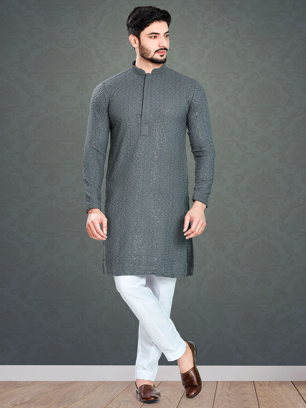 Trendy grey cotton  Men Kurta pajama