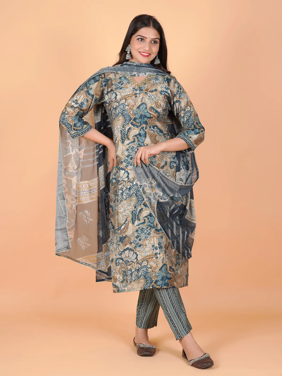 Trendy grey printed kurti set