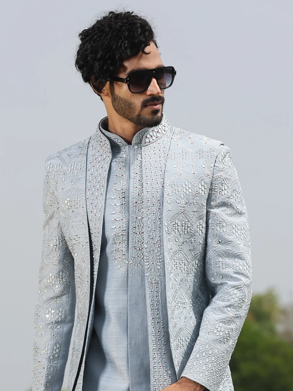 Trendy grey raw silk indowestern for wedding