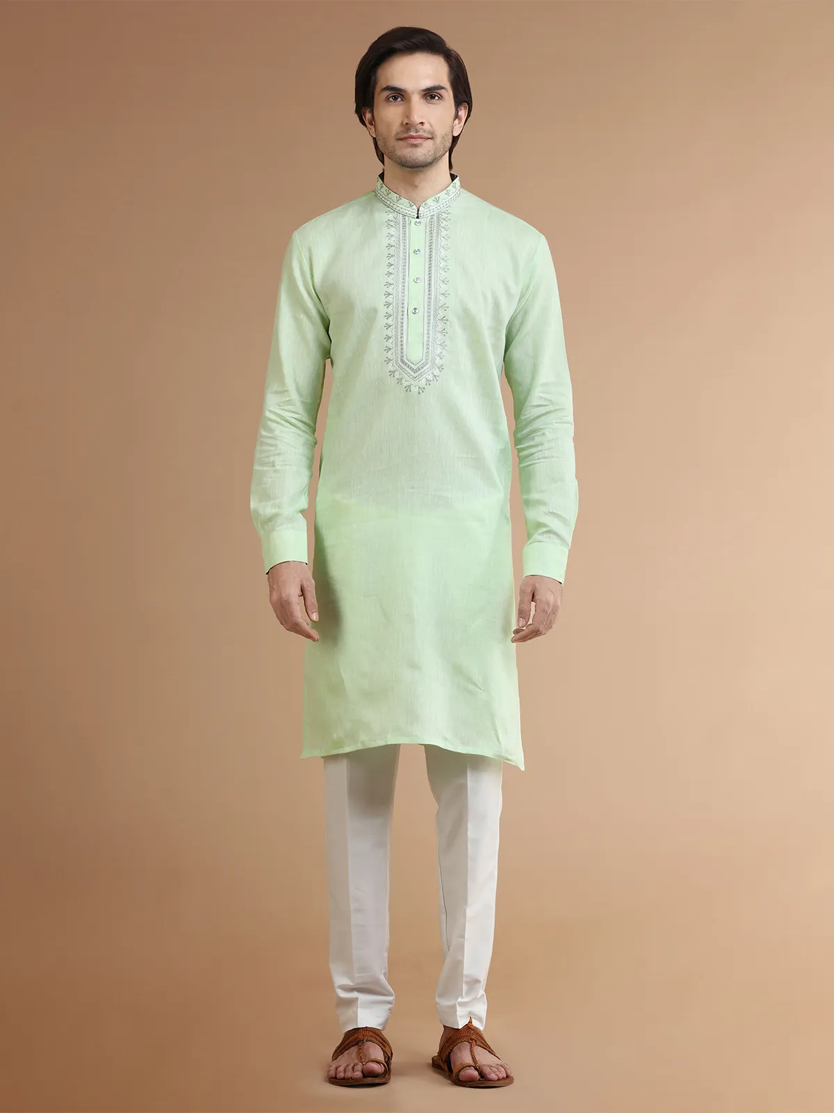 Trendy light green linen kurta suit