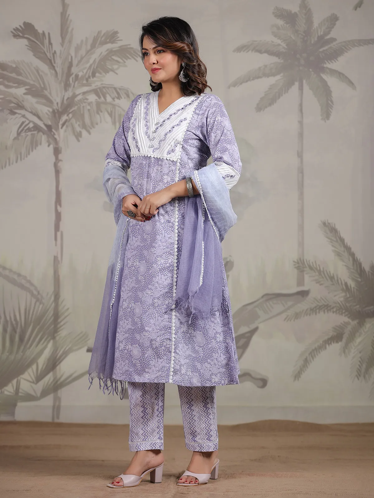 Trendy light purple cotton printed kurti set