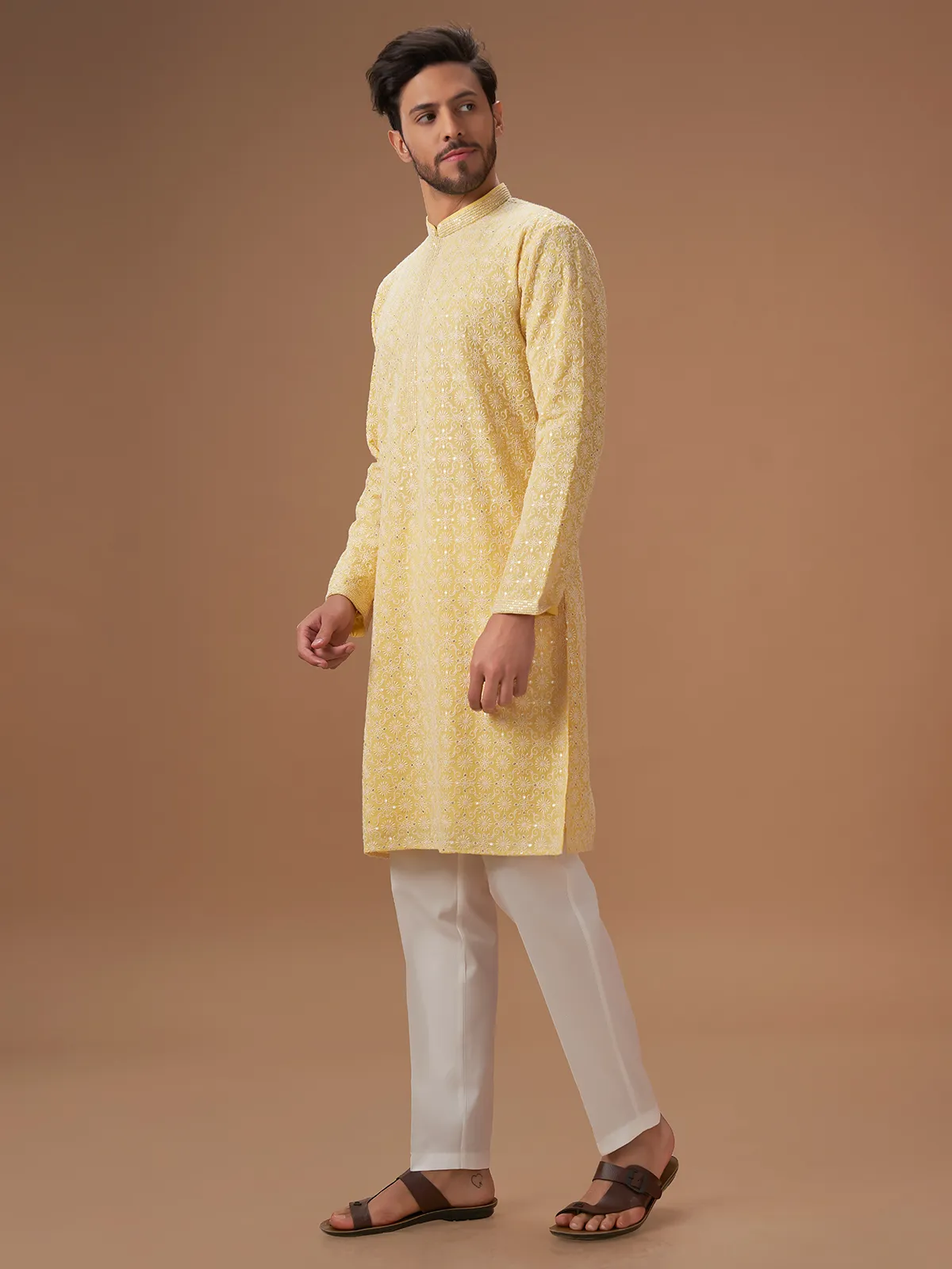 Trendy light yellow georgette  Men Kurta pajama