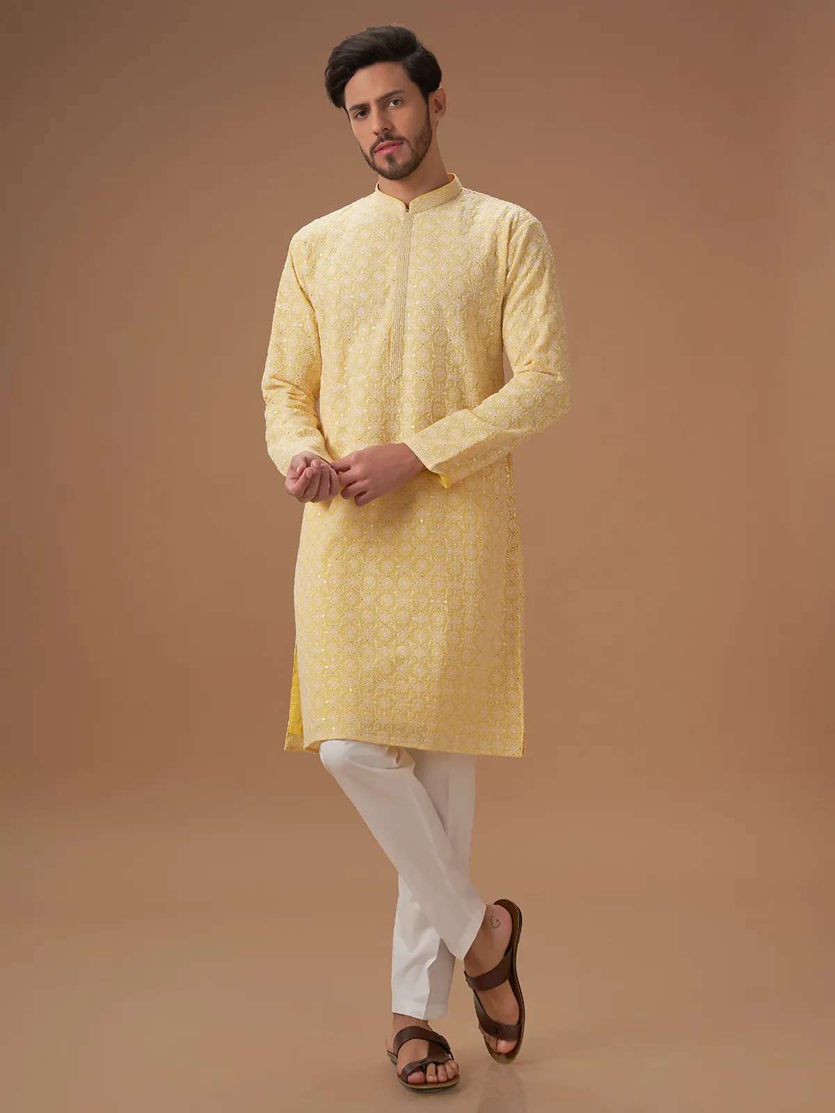 Trendy light yellow georgette  Men Kurta pajama