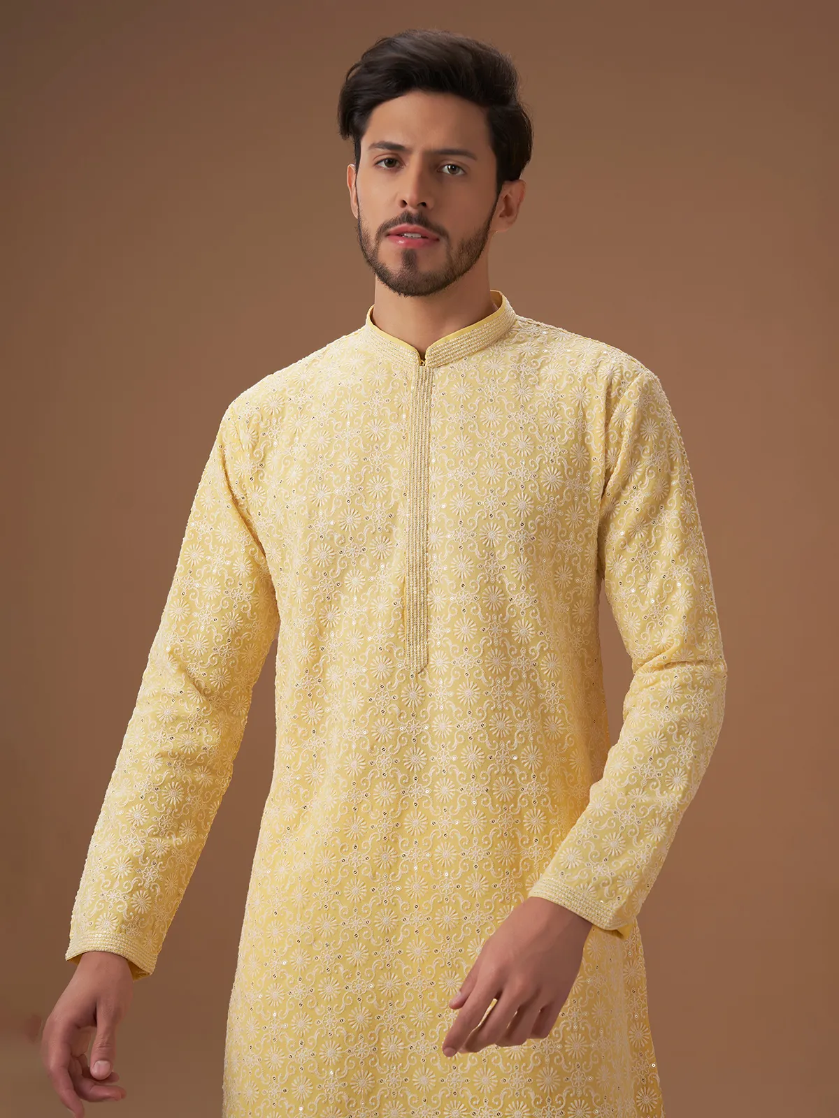 Trendy light yellow georgette  Men Kurta pajama