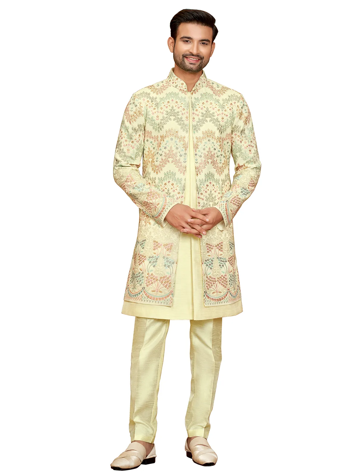 Trendy light yellow indowestern for men