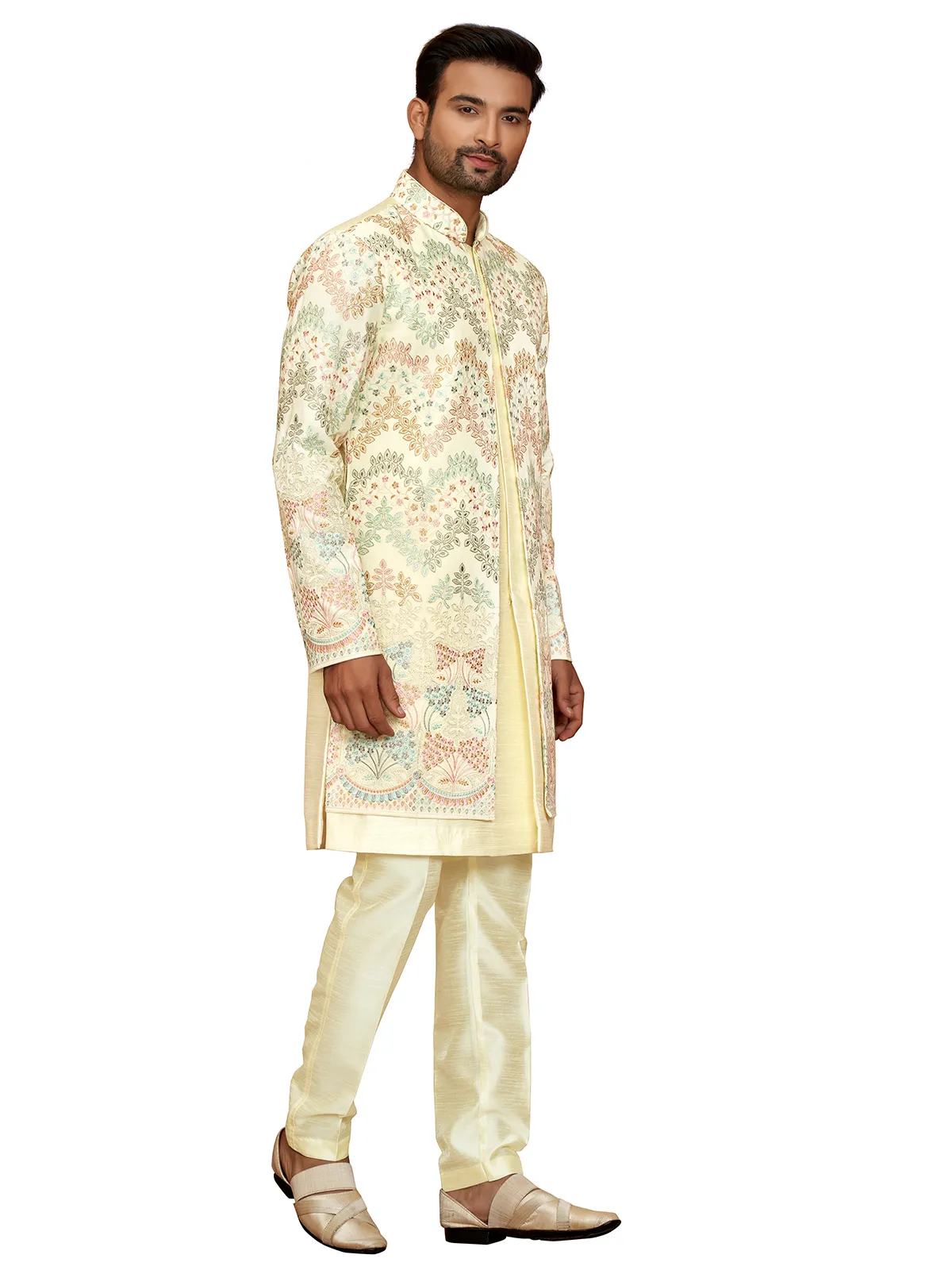 Trendy light yellow indowestern for men