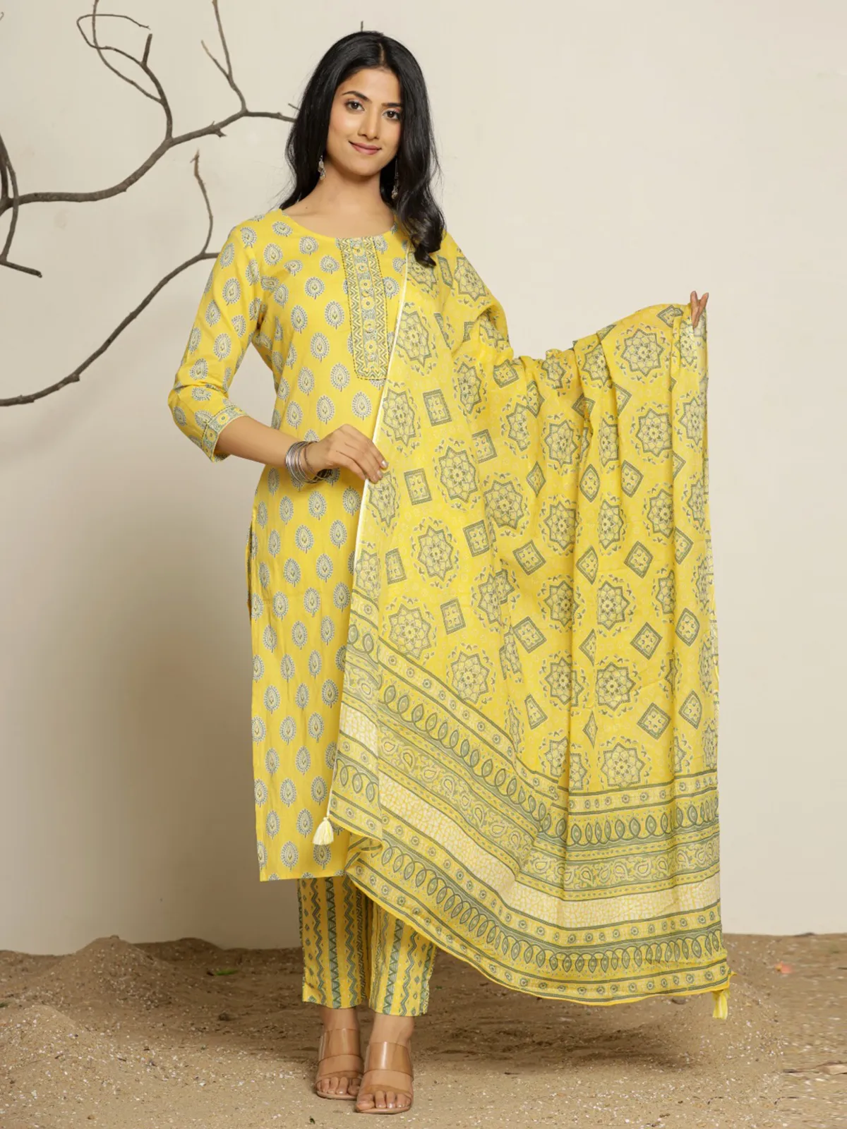 Trendy lime yellow cotton kurti set