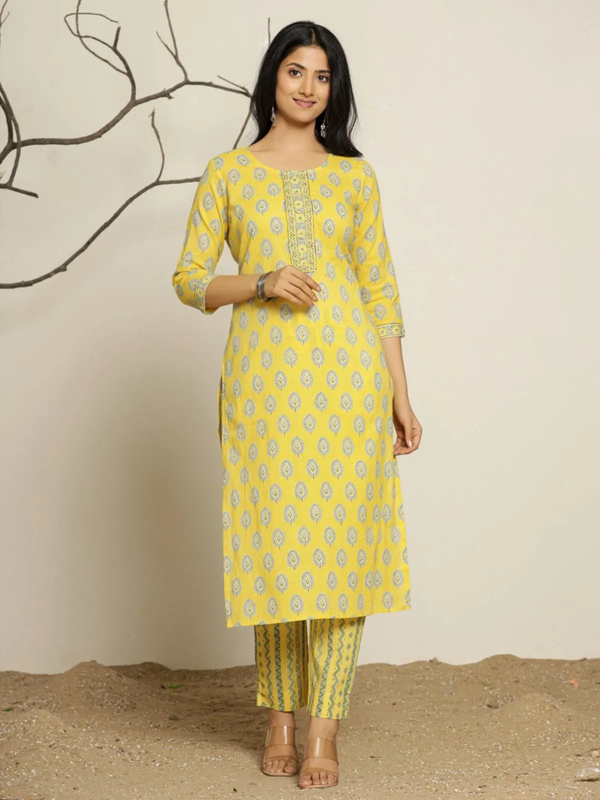 Trendy lime yellow cotton kurti set